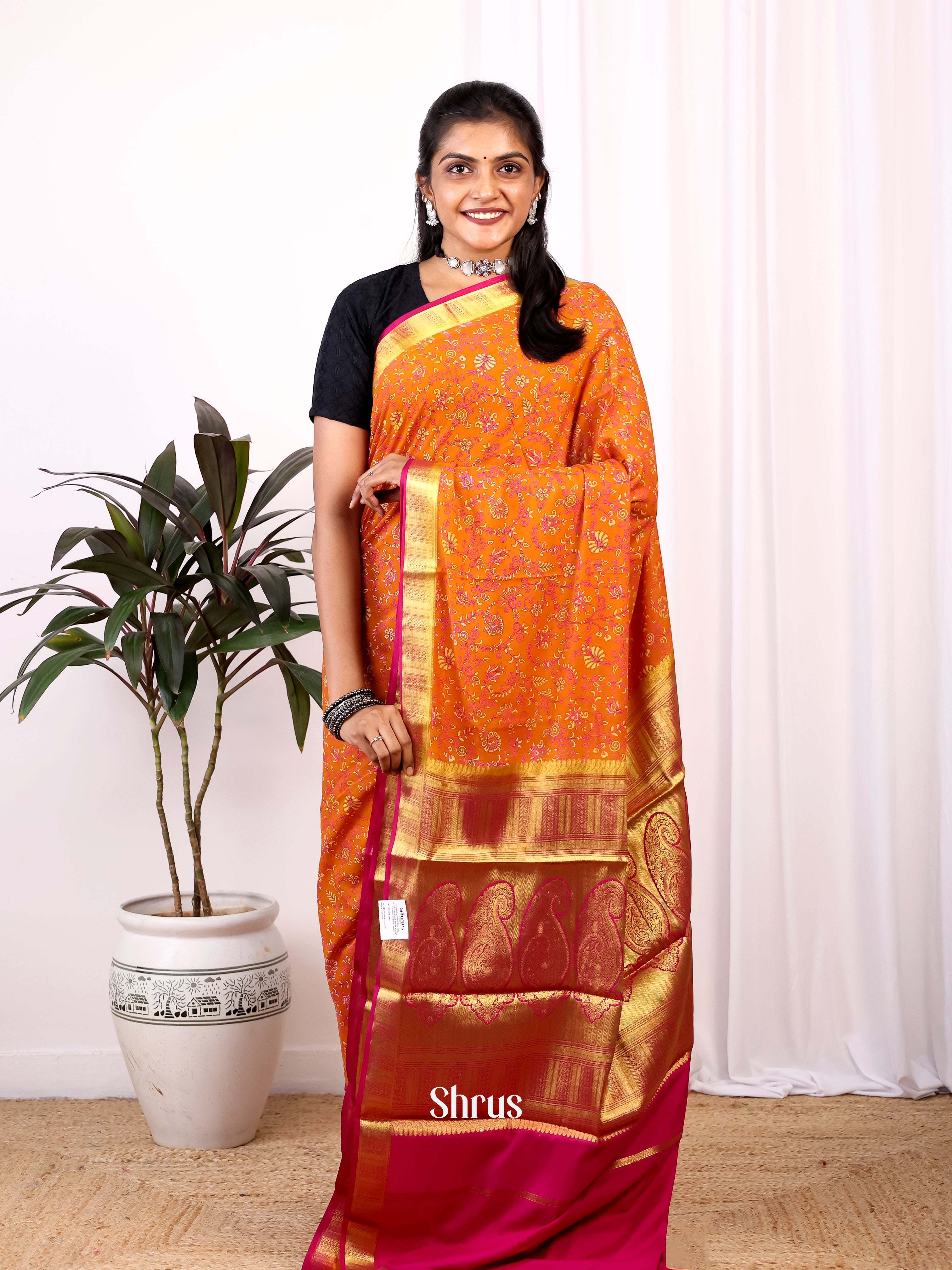 Orange and Maroon - Semi Mysoresilk Saree - Shop on Shrus.com