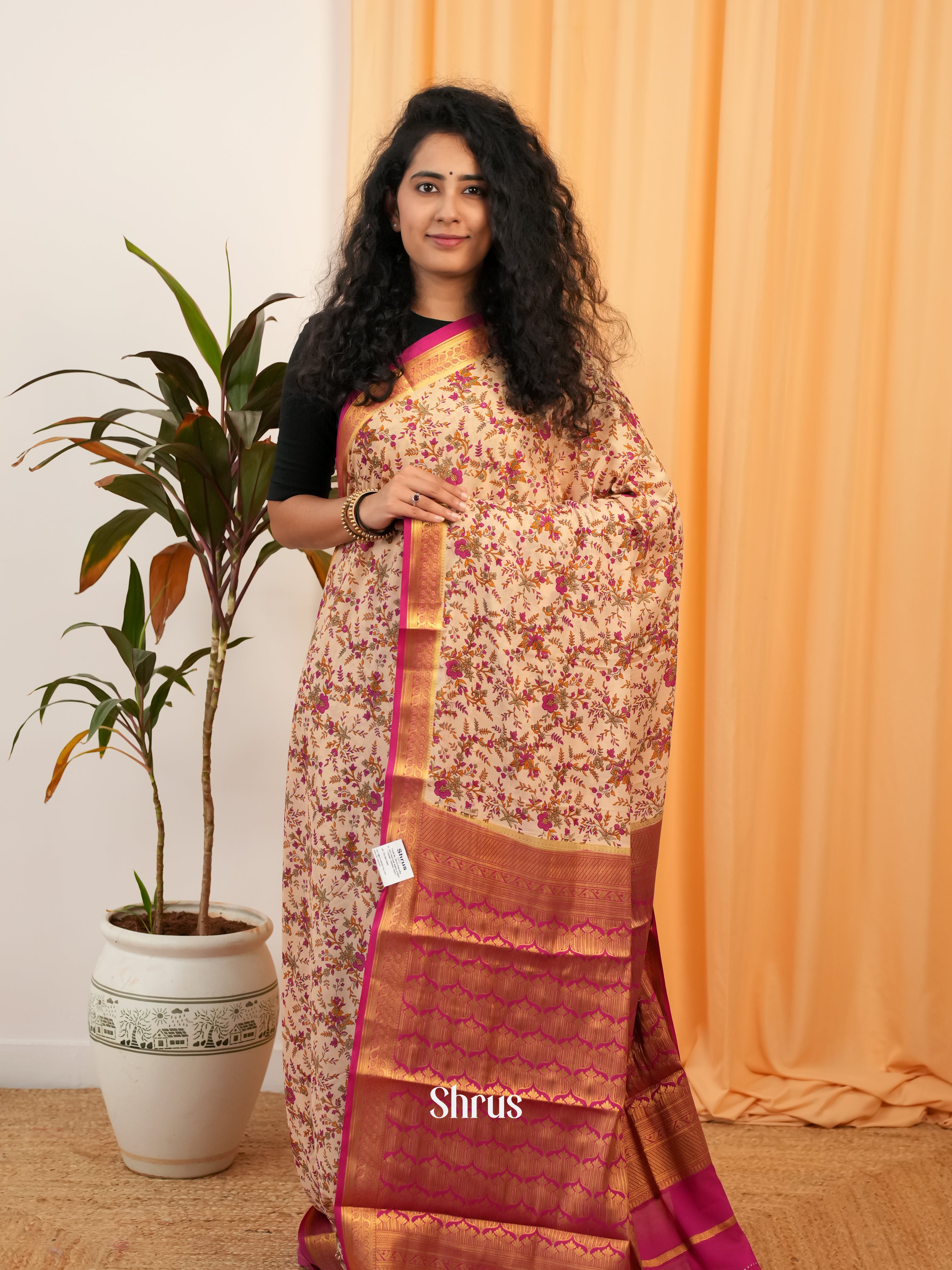 Beige & Pink - Semi Mysoresilk Saree - Shop on Shrus.com