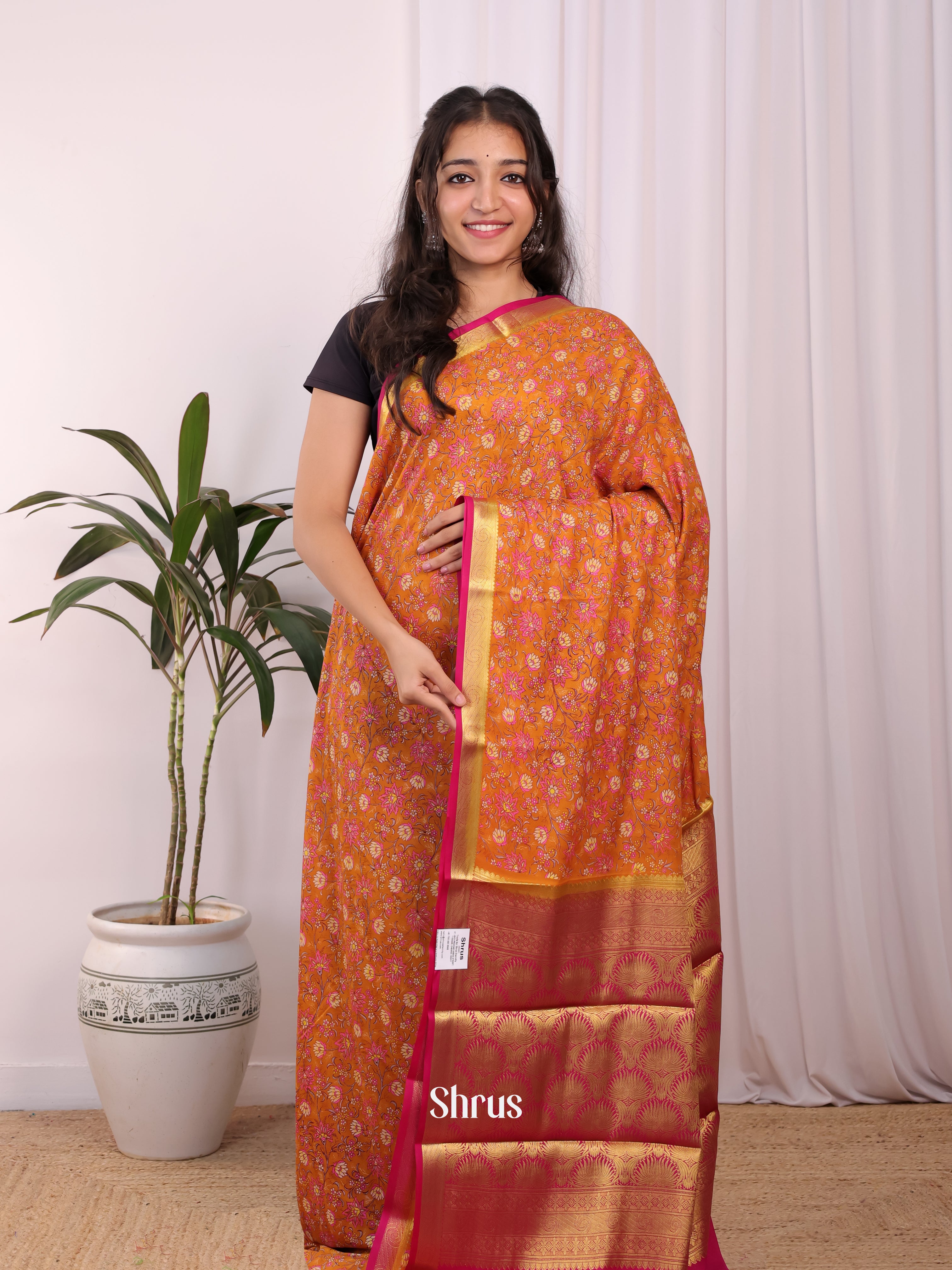 Orange & Pink - Semi Mysoresilk Saree - Shop on Shrus.com