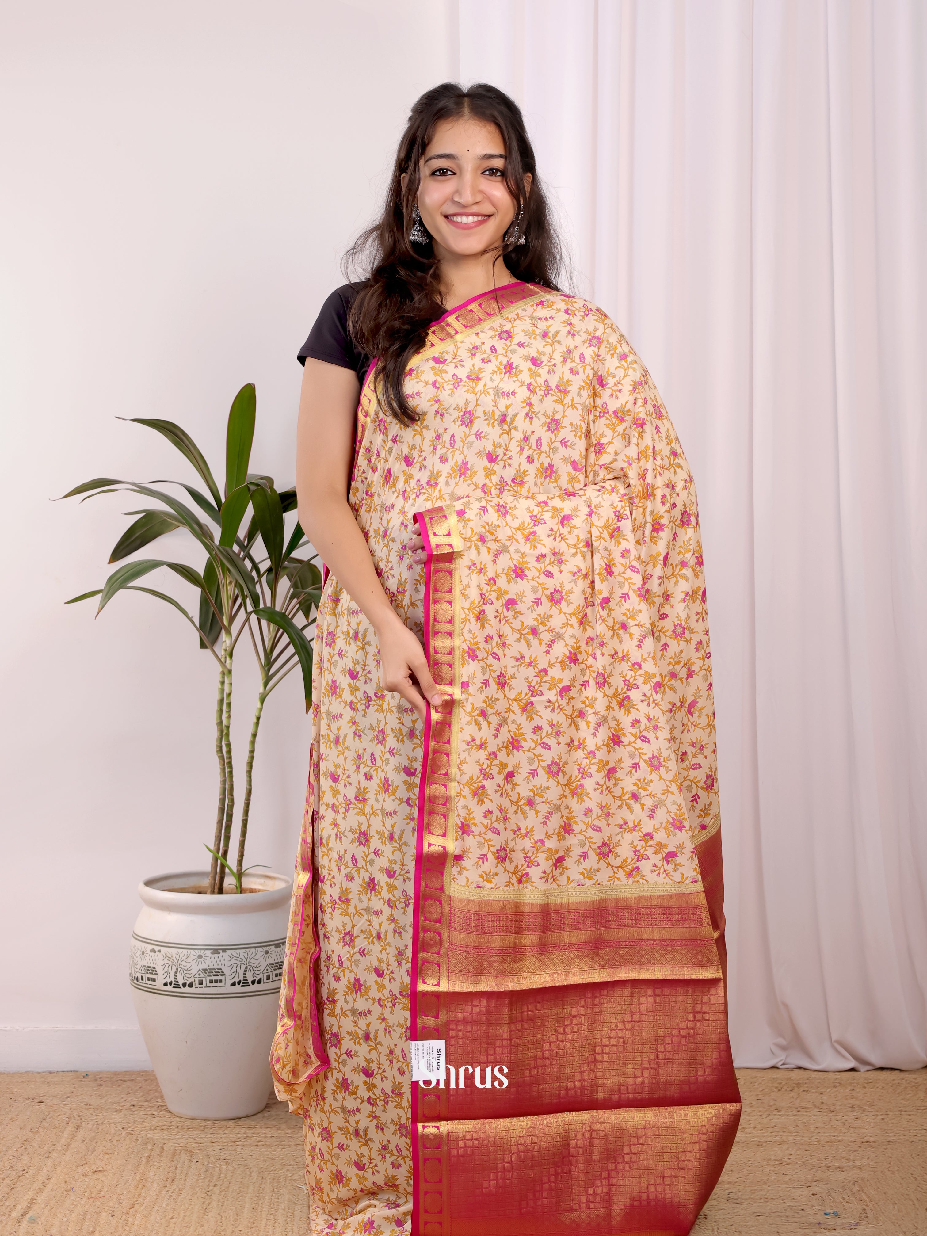 Peach & Pink - Semi Mysoresilk Saree - Shop on Shrus.com