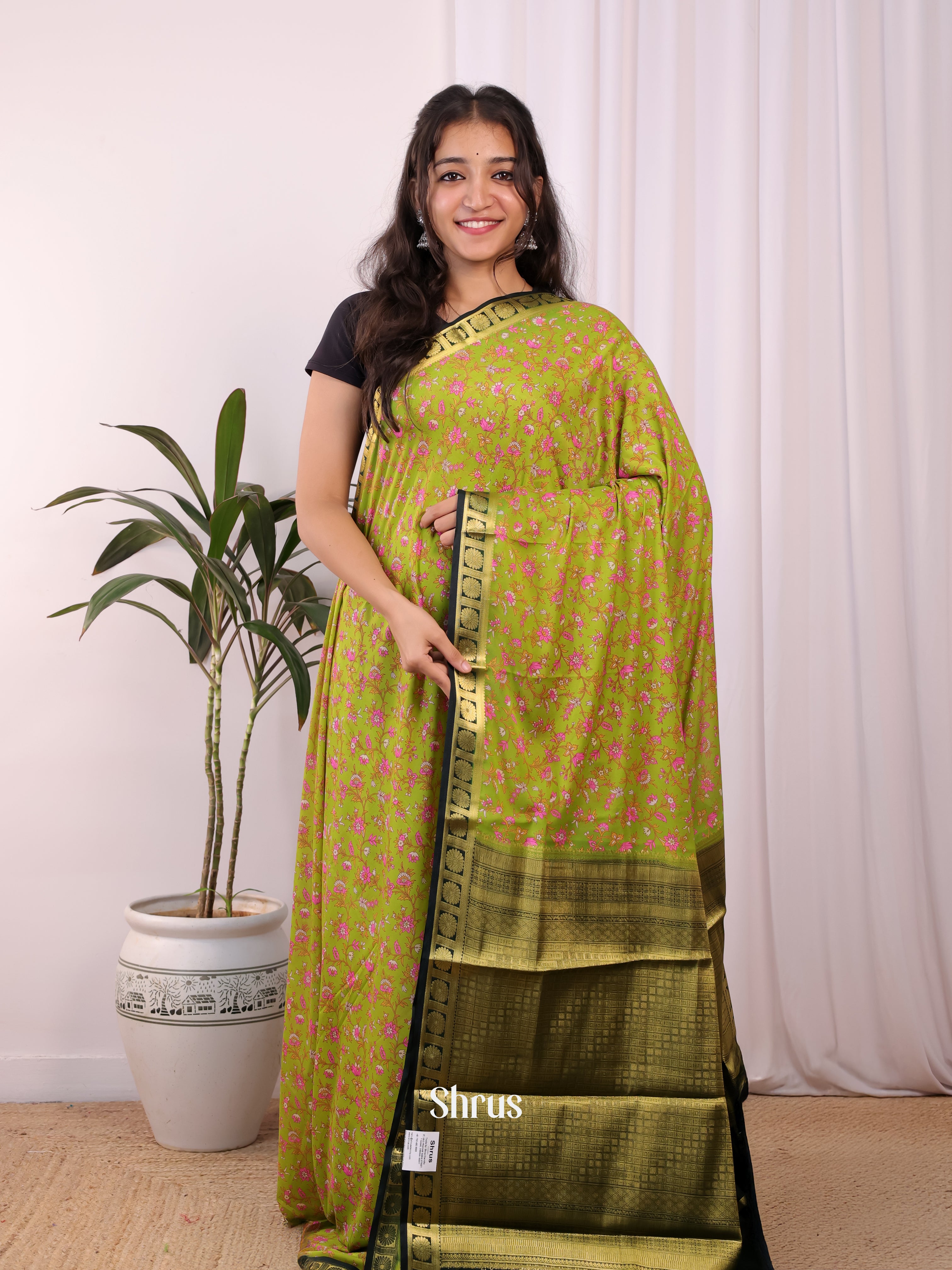 Lite Green & Green - Semi Mysoresilk Saree - Shop on Shrus.com