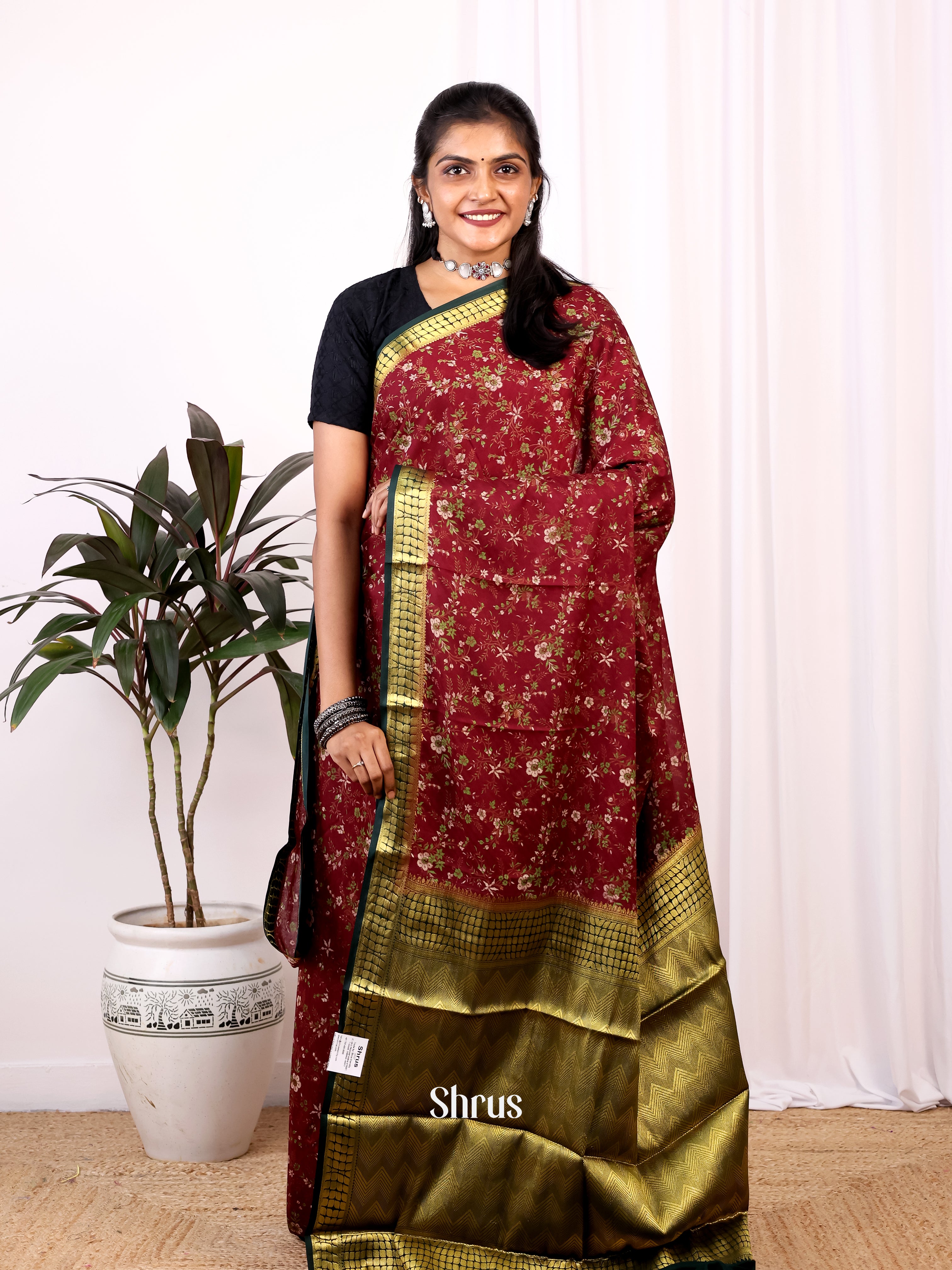 Maroon & Green- Semi Mysoresilk Saree - Shop on Shrus.com