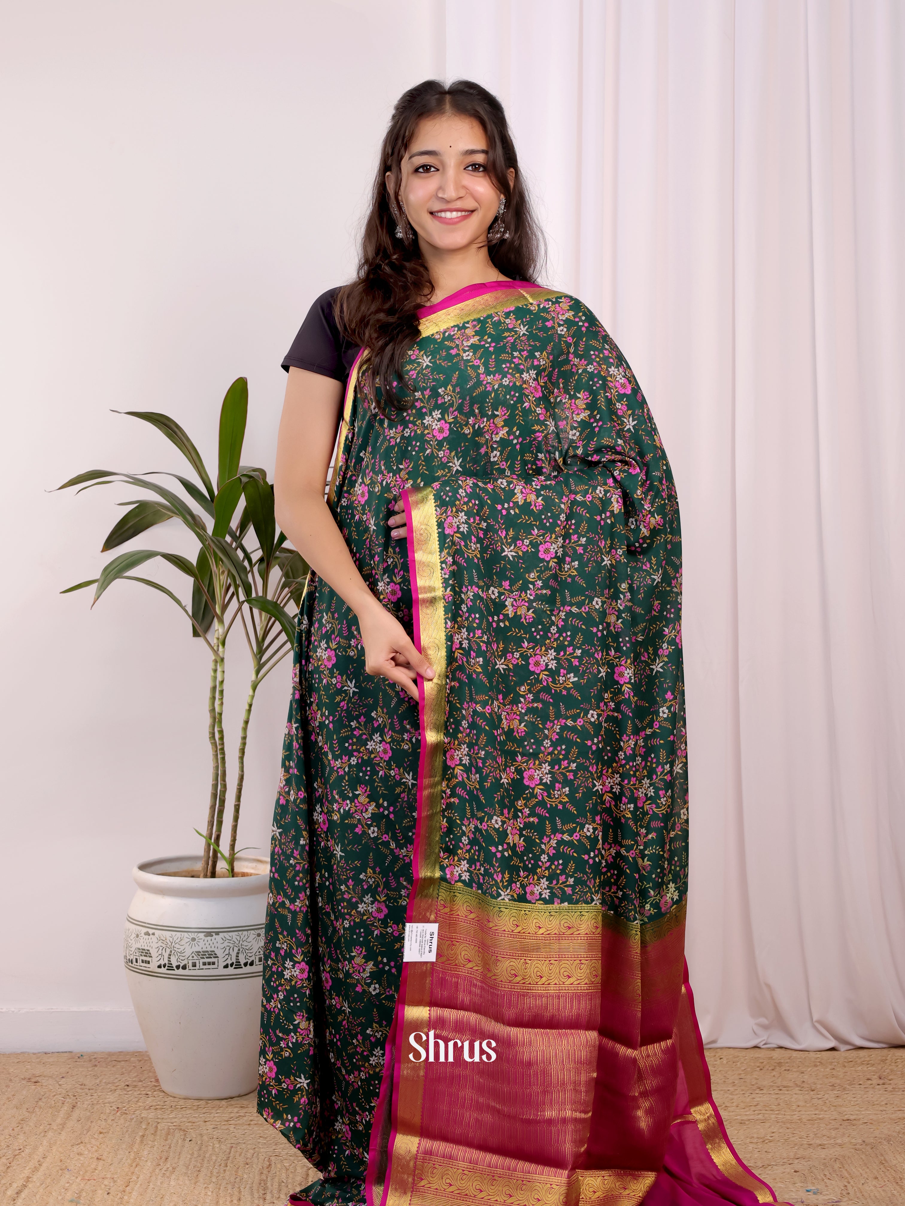 Green & Pink- Semi Mysoresilk Saree - Shop on Shrus.com