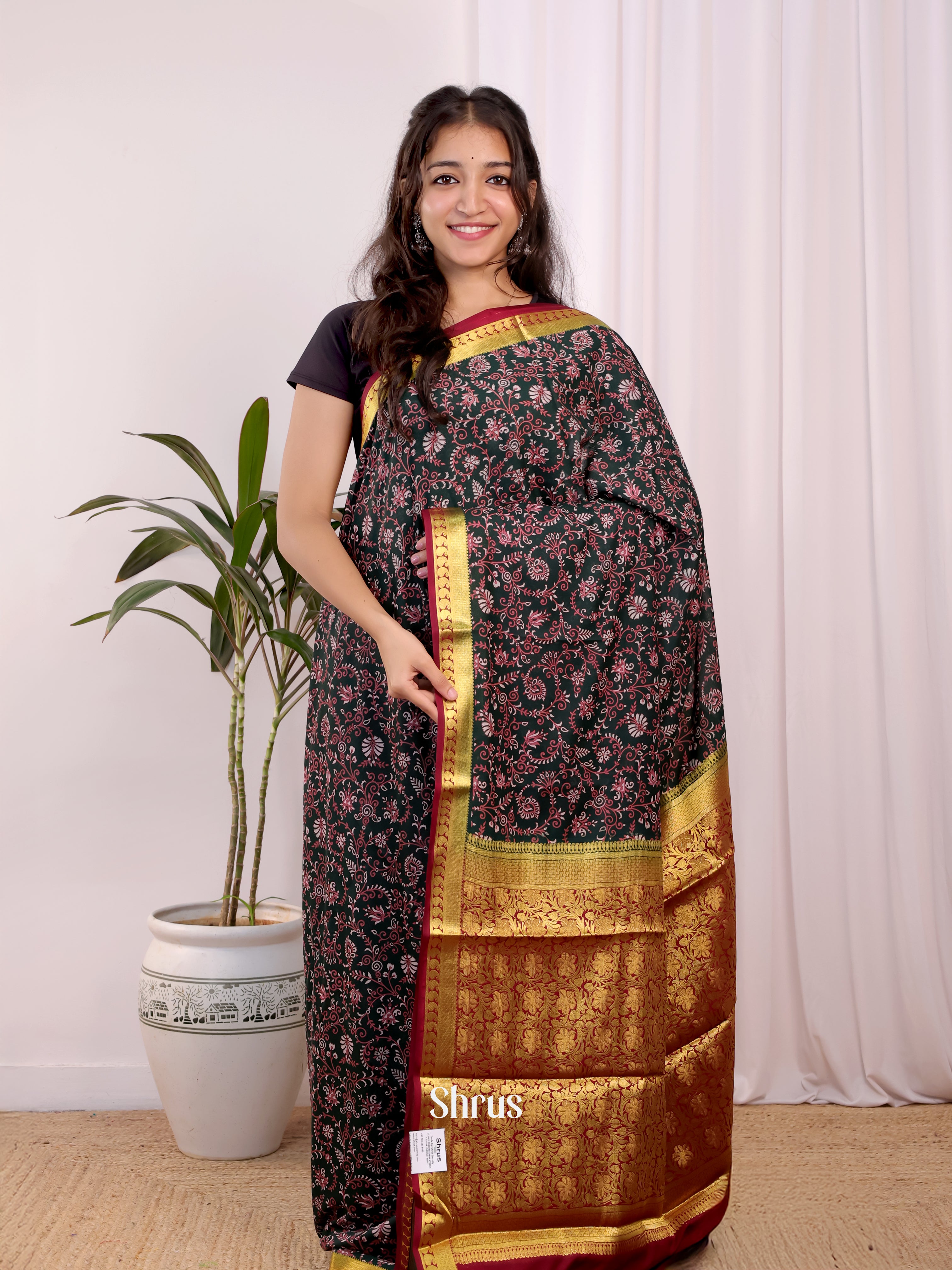 Dark Green & Maroon- Semi Mysoresilk Saree - Shop on Shrus.com