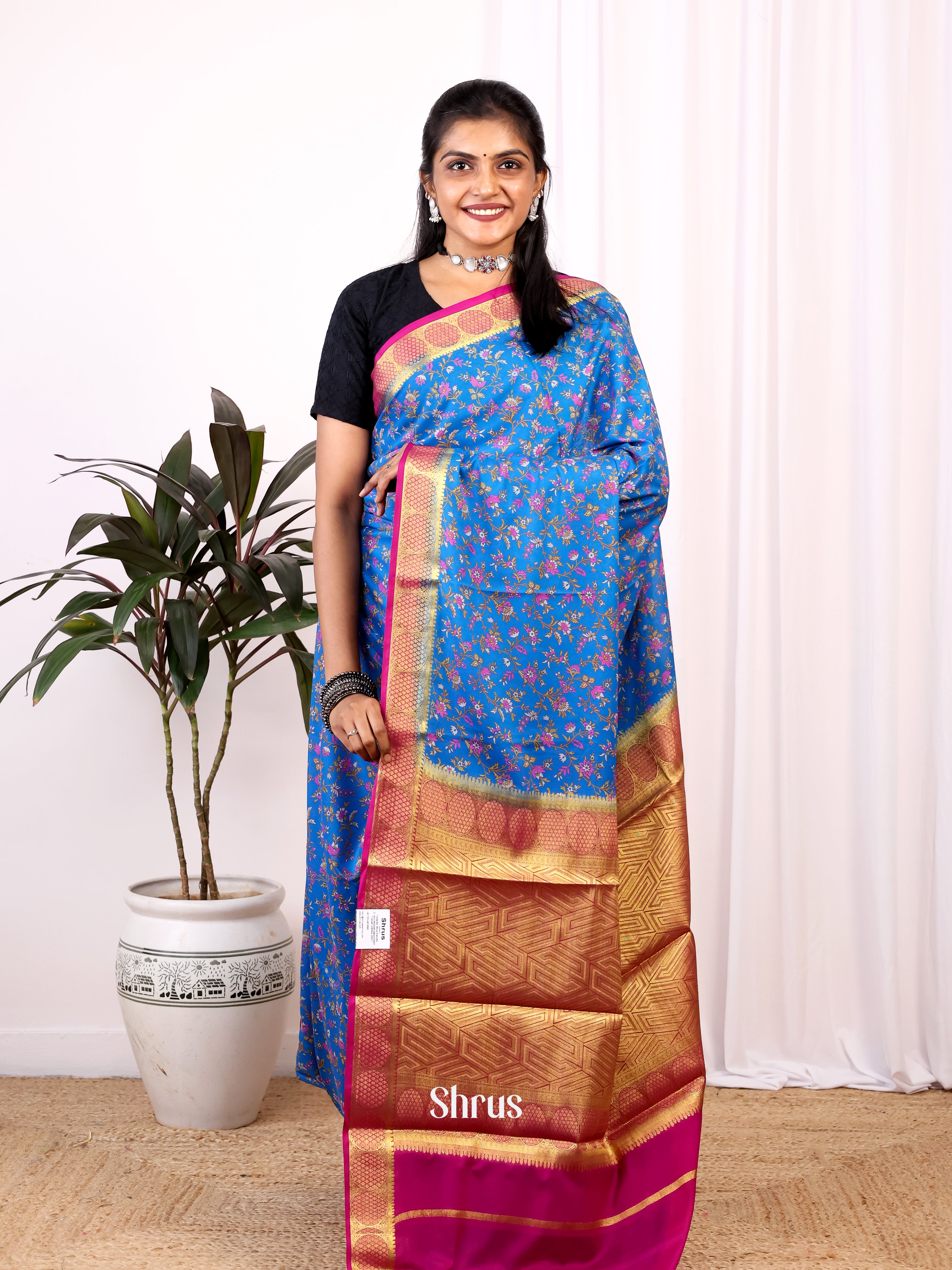 Blue - Semi Mysoresilk Saree - Shop on Shrus.com