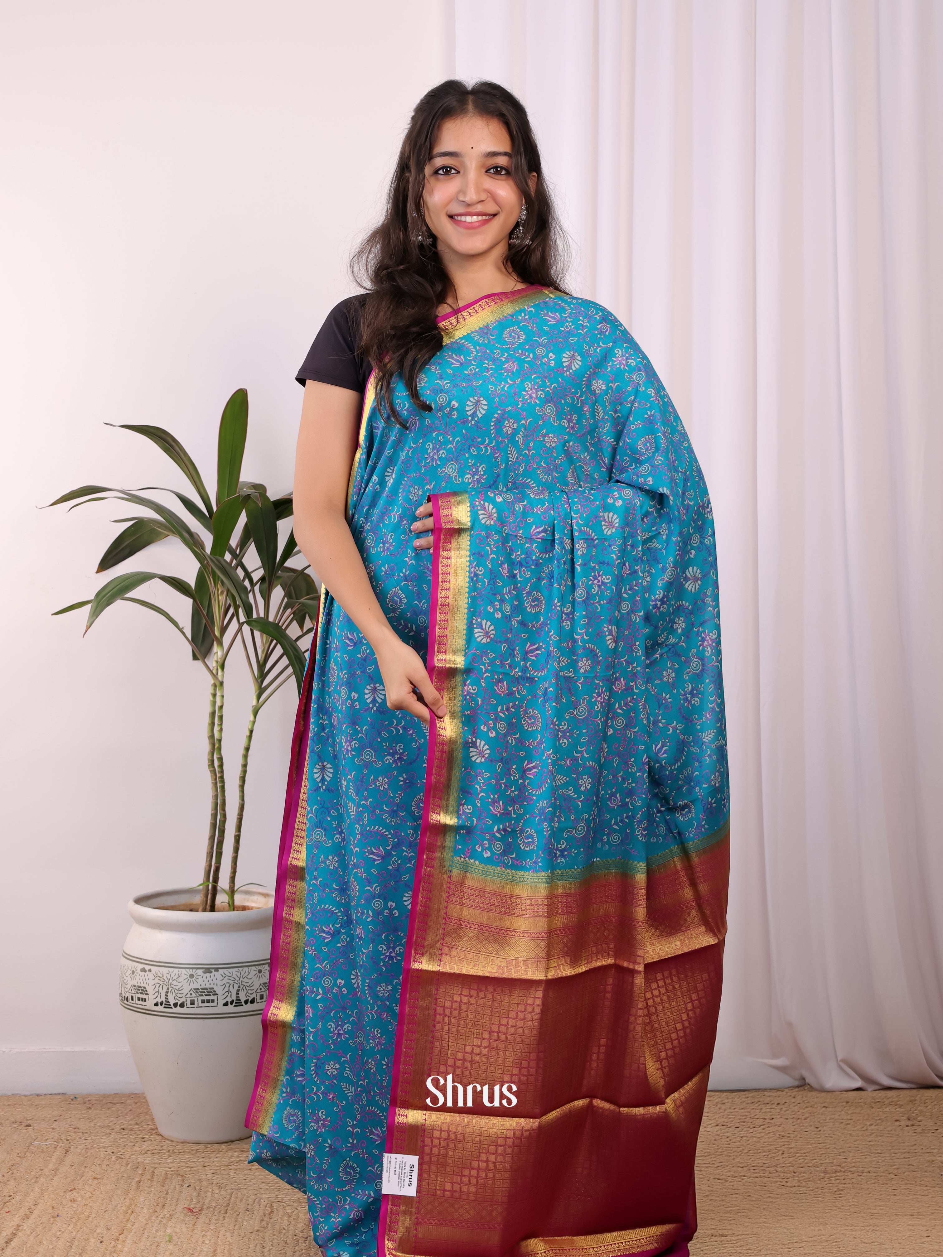 Blue & Pink - Semi Mysoresilk Saree - Shop on Shrus.com