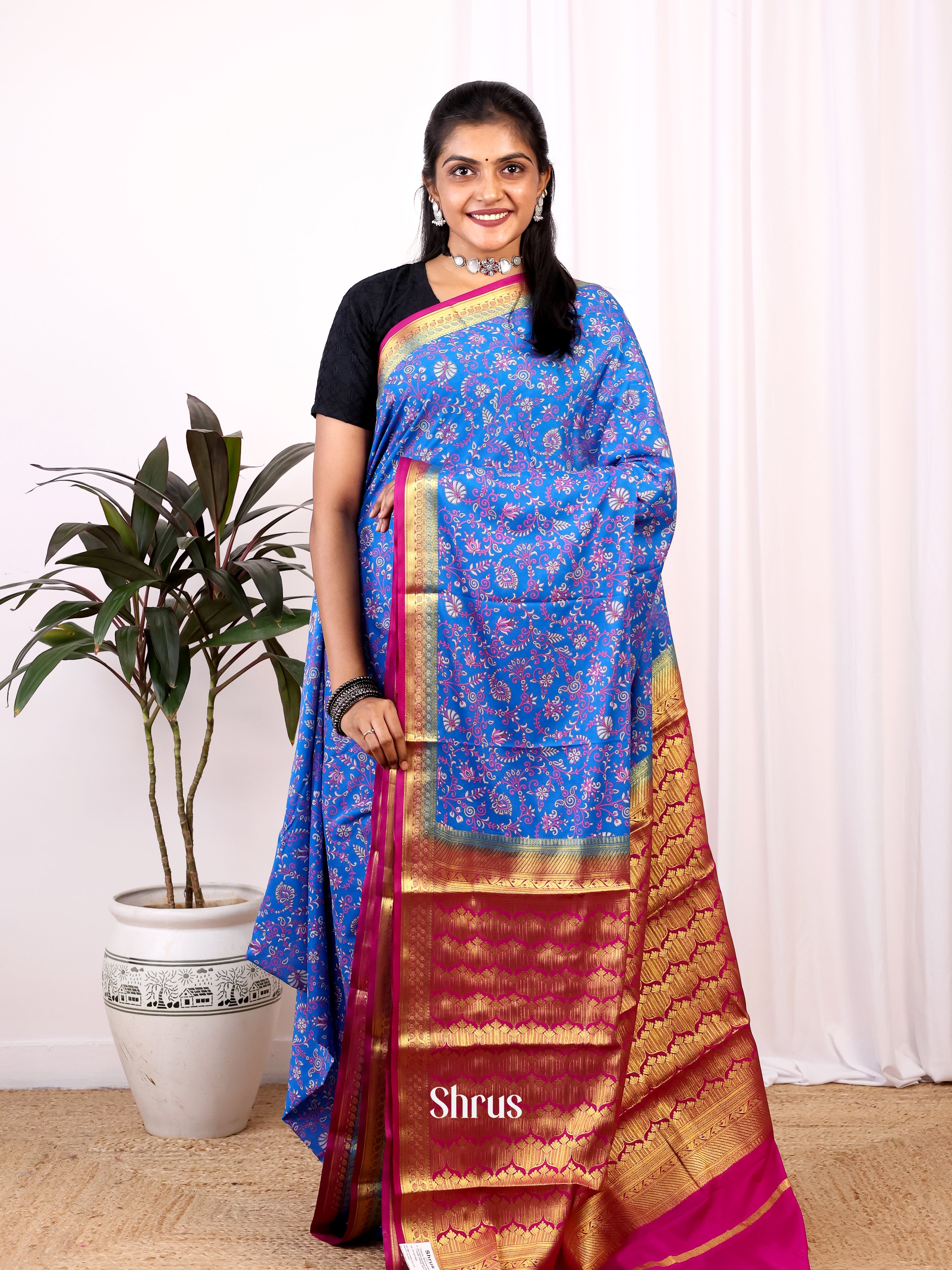 Blue & Pink - Semi Mysoresilk Saree - Shop on Shrus.com