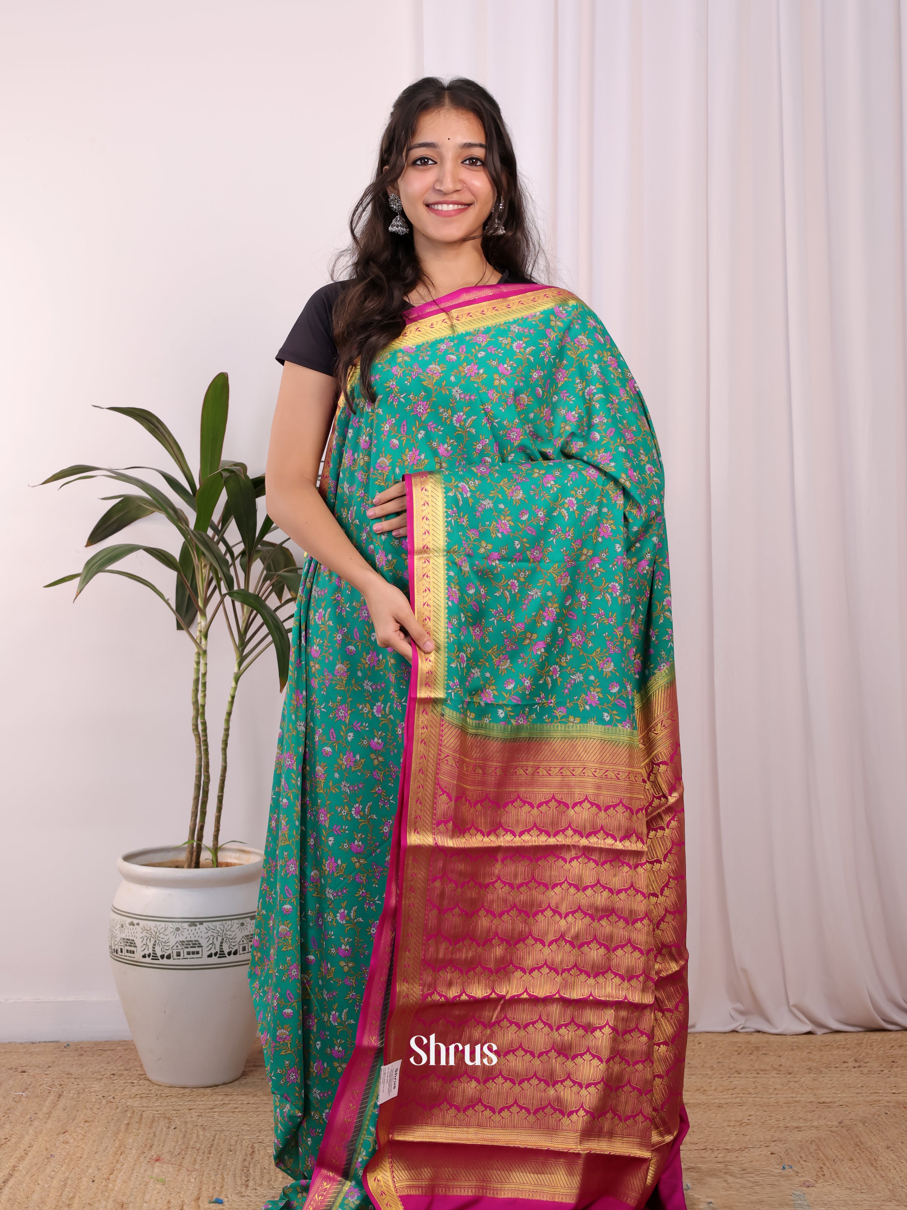 Green & Pink - Semi Mysoresilk Saree - Shop on Shrus.com