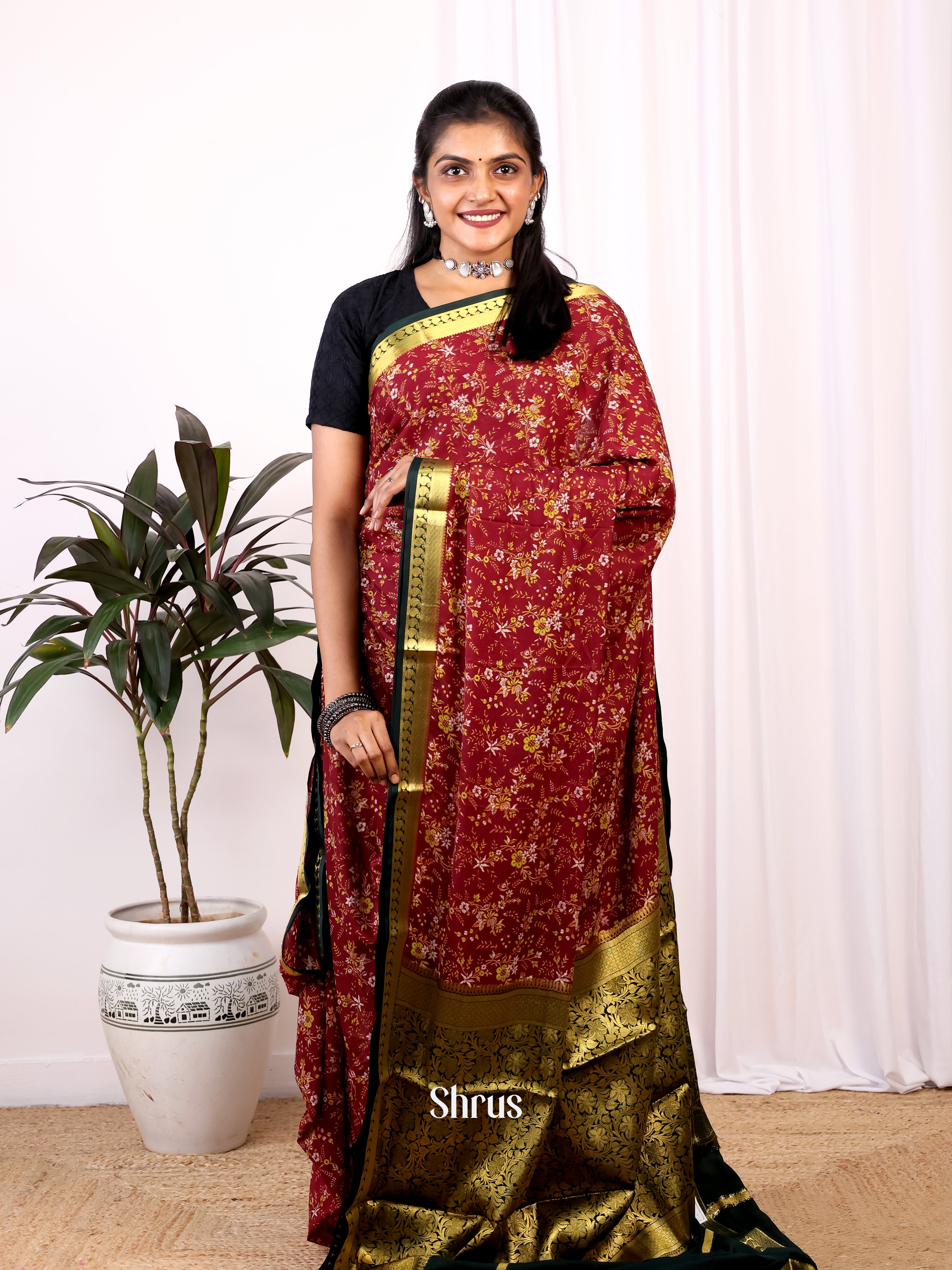 Maroon & Black- Semi Mysoresilk Saree - Shop on Shrus.com