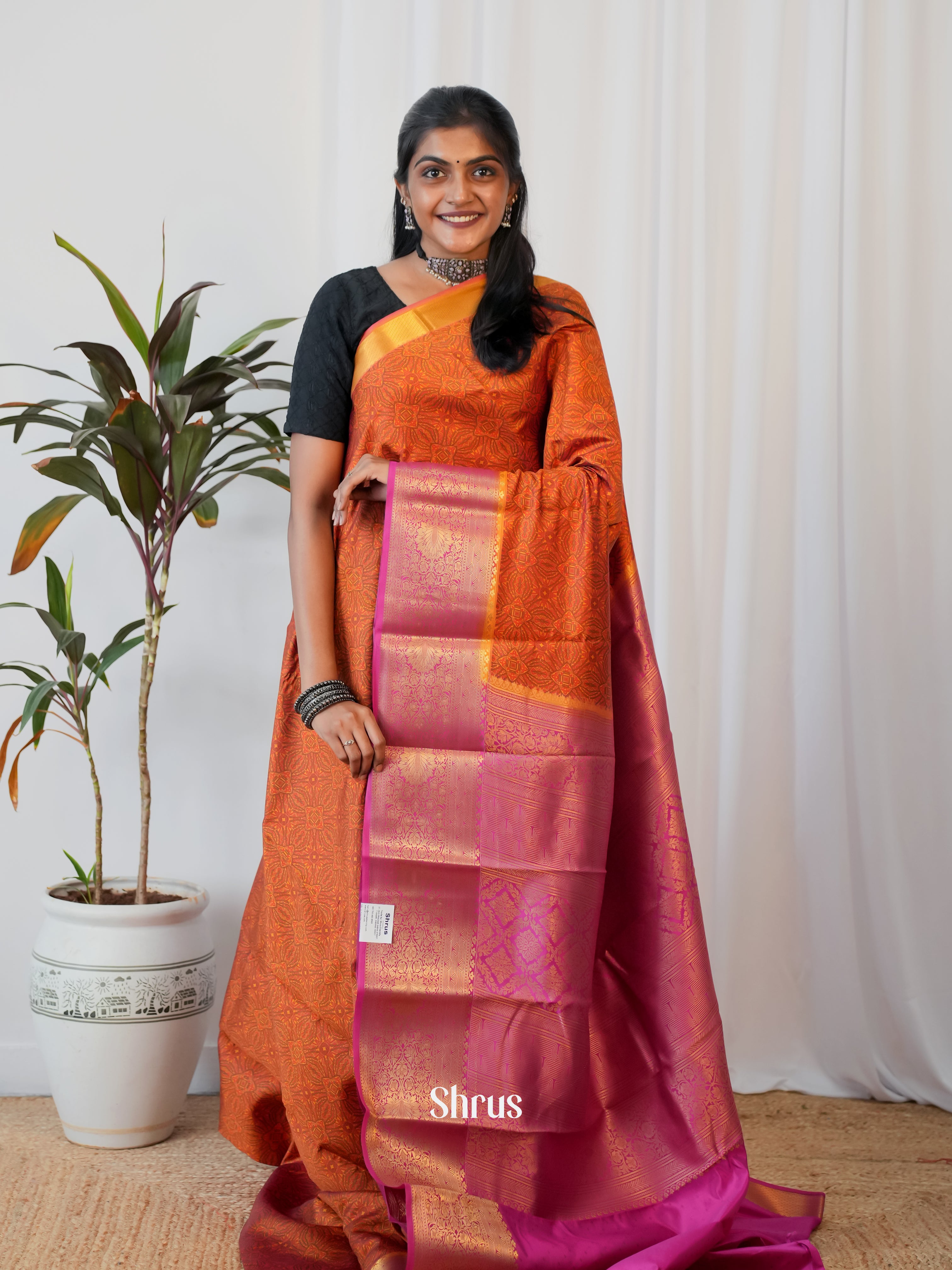 Orange & Majenta - Printed Silk Saree - Shop on Shrus.com