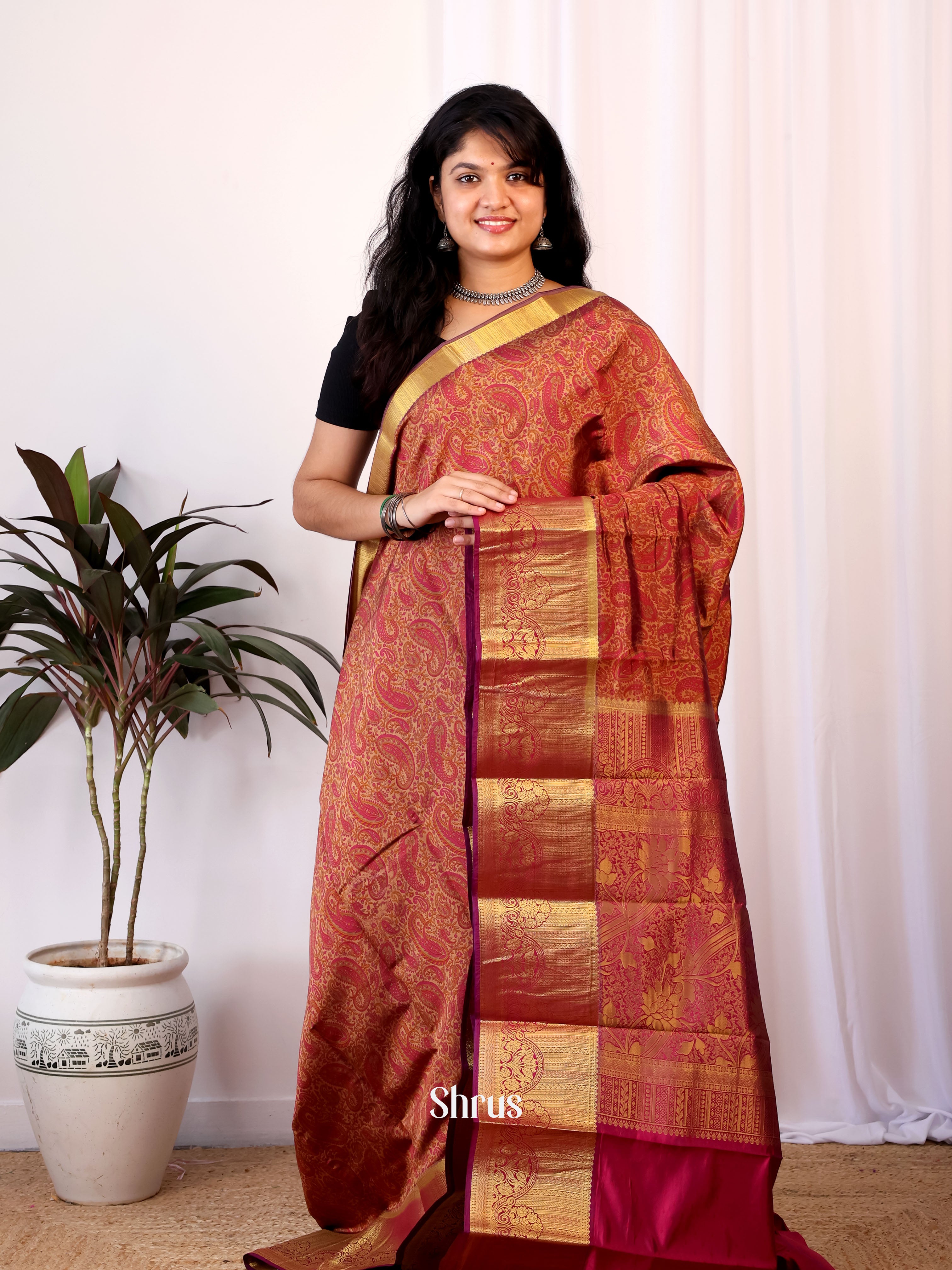 Maroon- Printed Silk Saree - Shop on Shrus.com