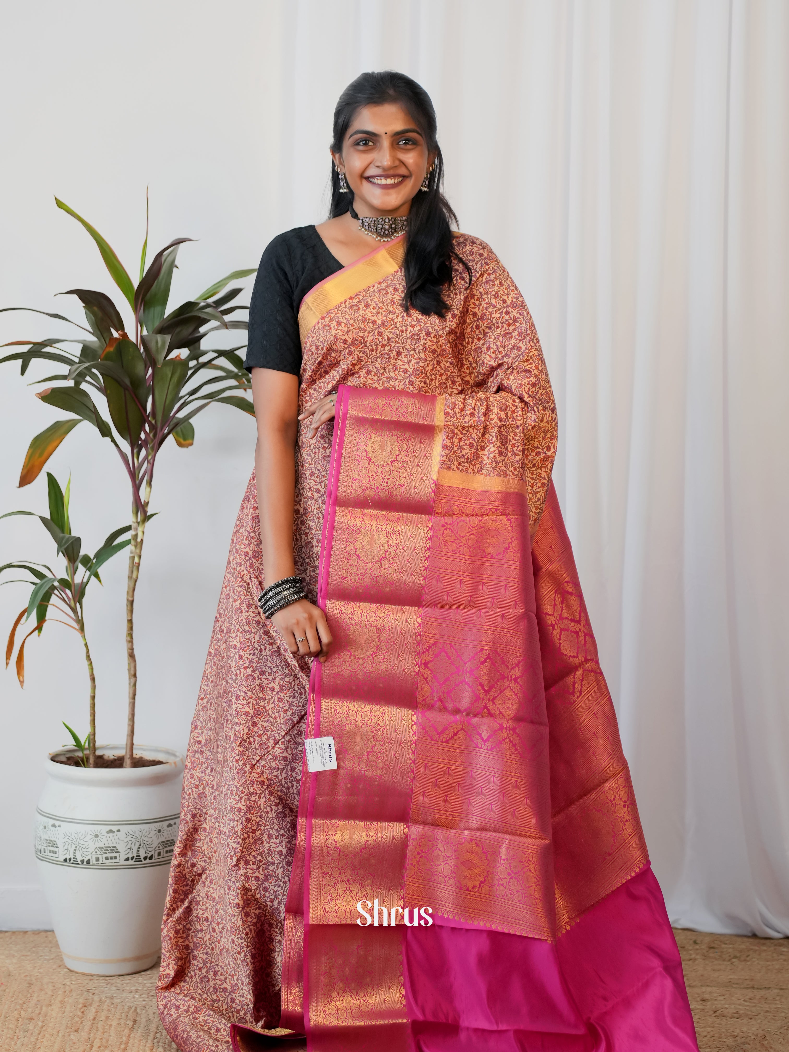 Peach & Pink - Printed Silk Saree - Shop on Shrus.com
