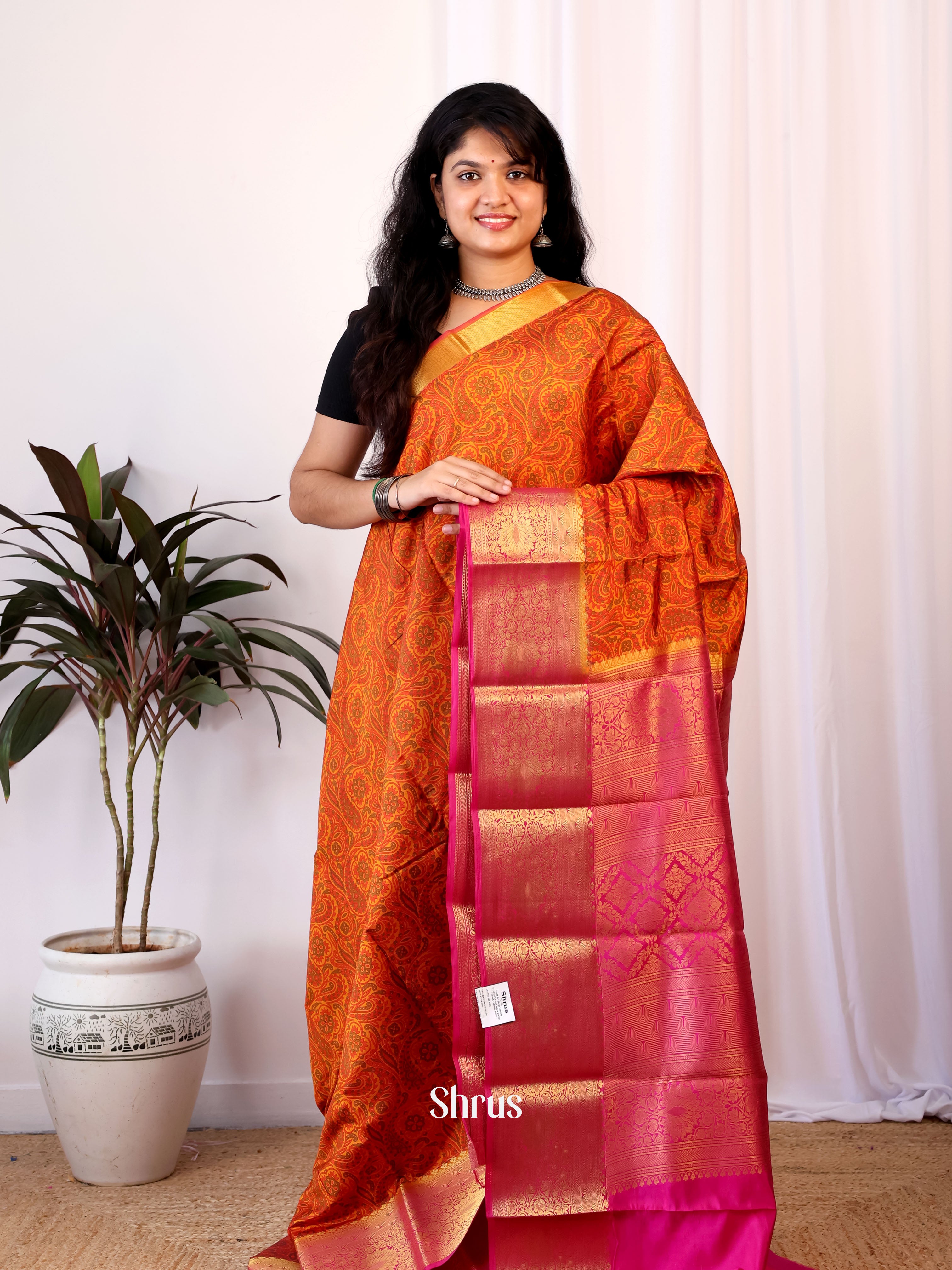 Orange & Majenta - Printed Silk Saree - Shop on Shrus.com