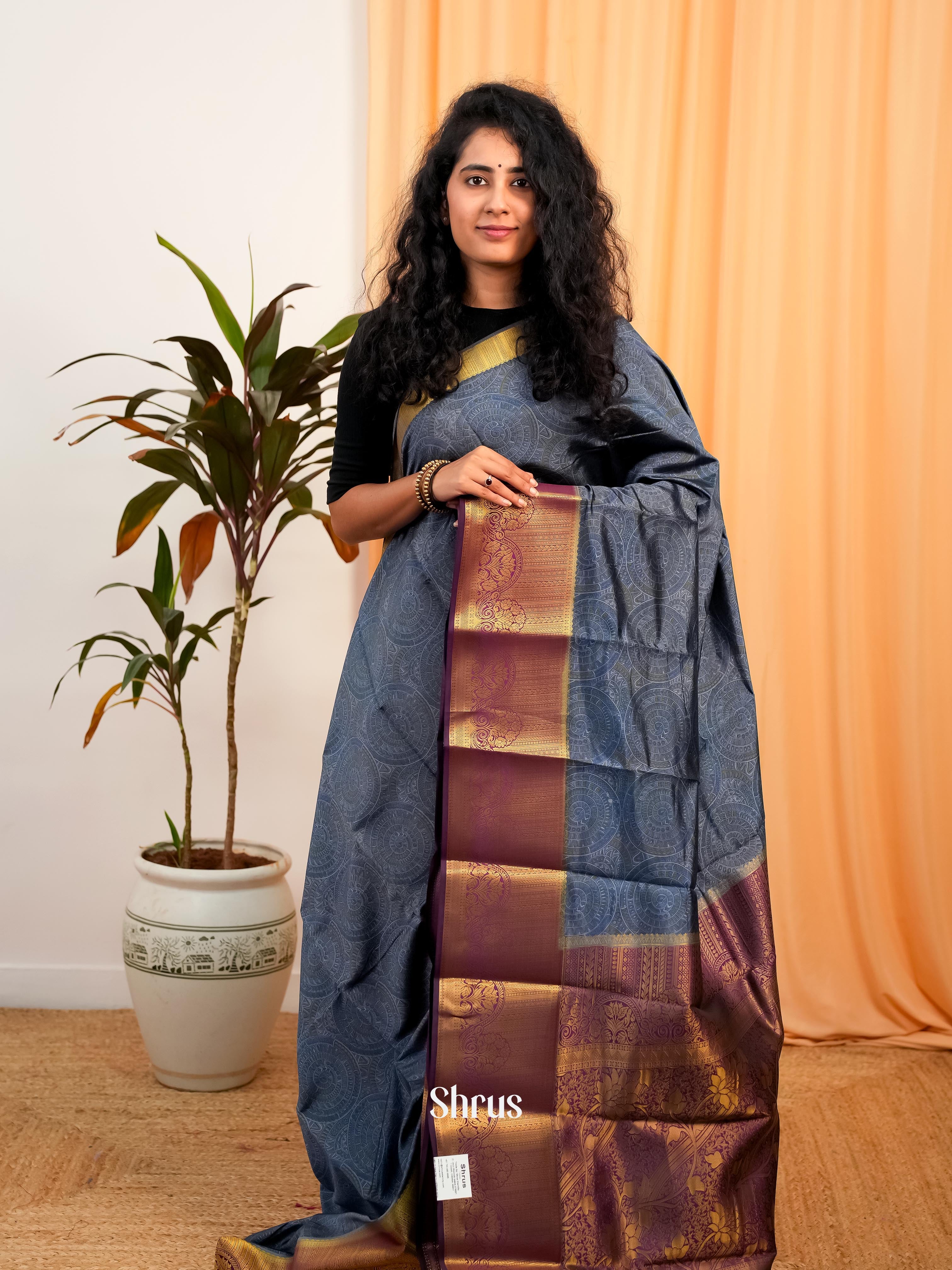 Blue & Purple - Printed Silk Saree - Shop on Shrus.com