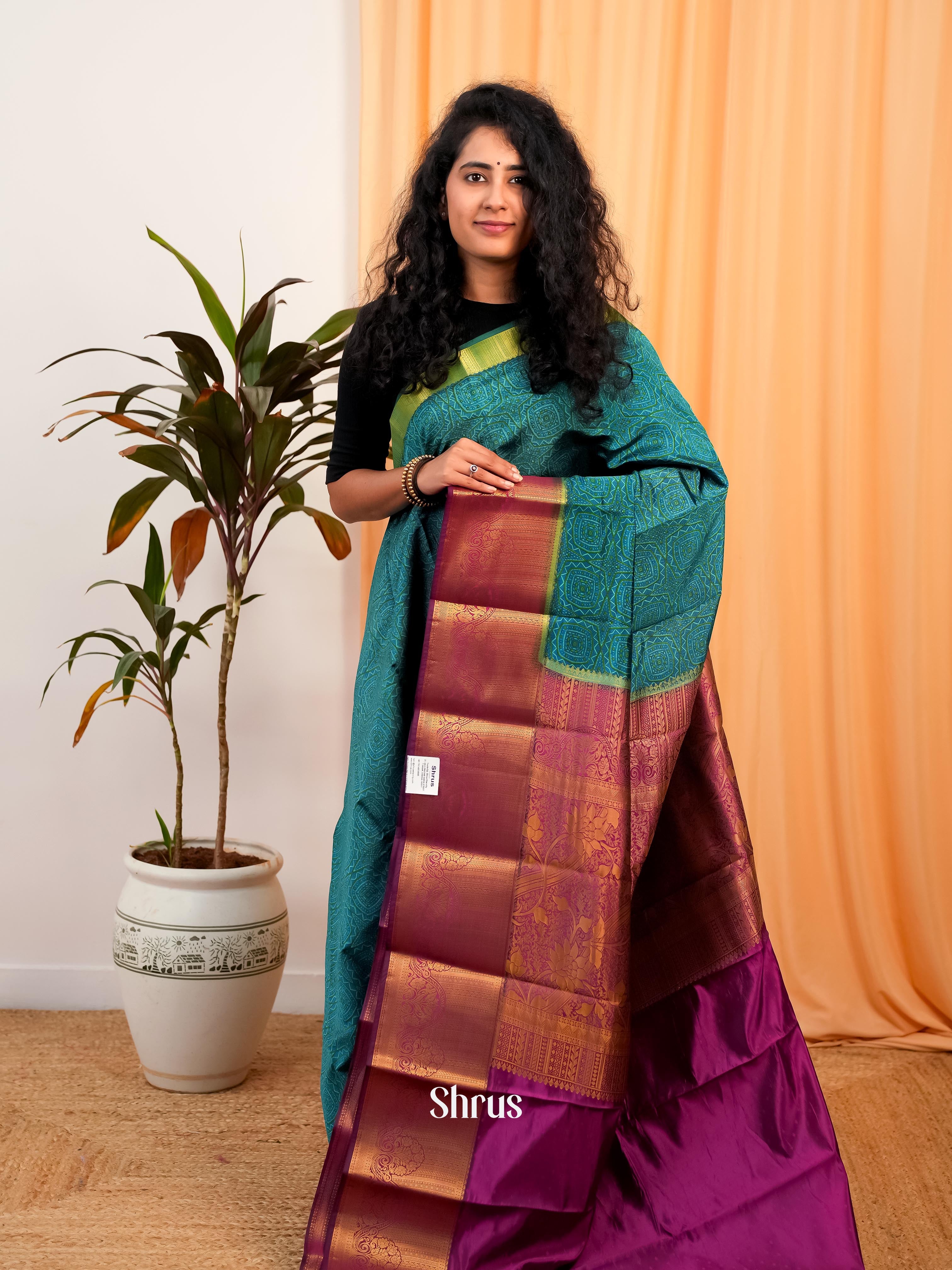 Green & Purple- Printed Silk Saree - Shop on Shrus.com