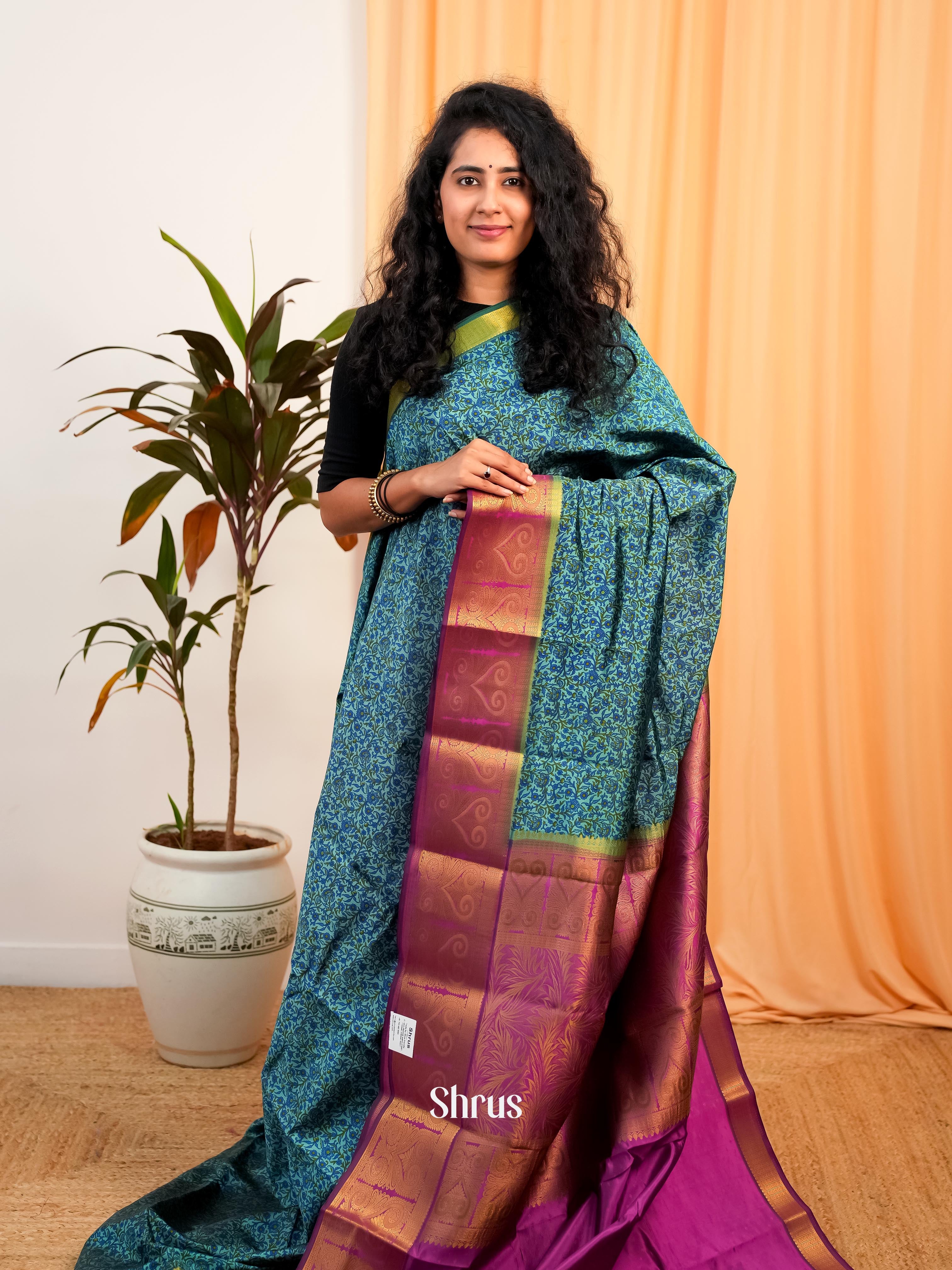 Blue & Majenta - Printed Silk Saree - Shop on Shrus.com