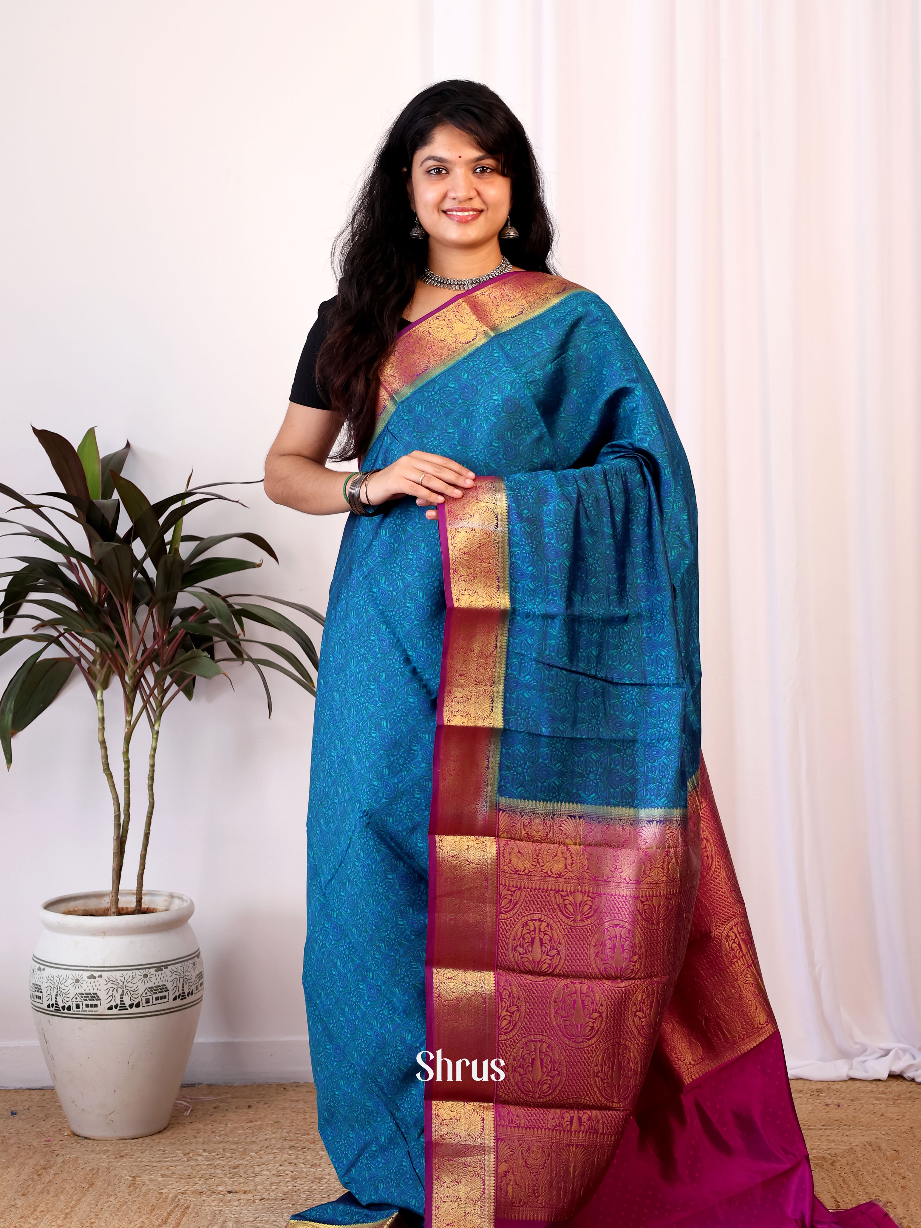 Blue & Majenta - Printed Silk Saree - Shop on Shrus.com