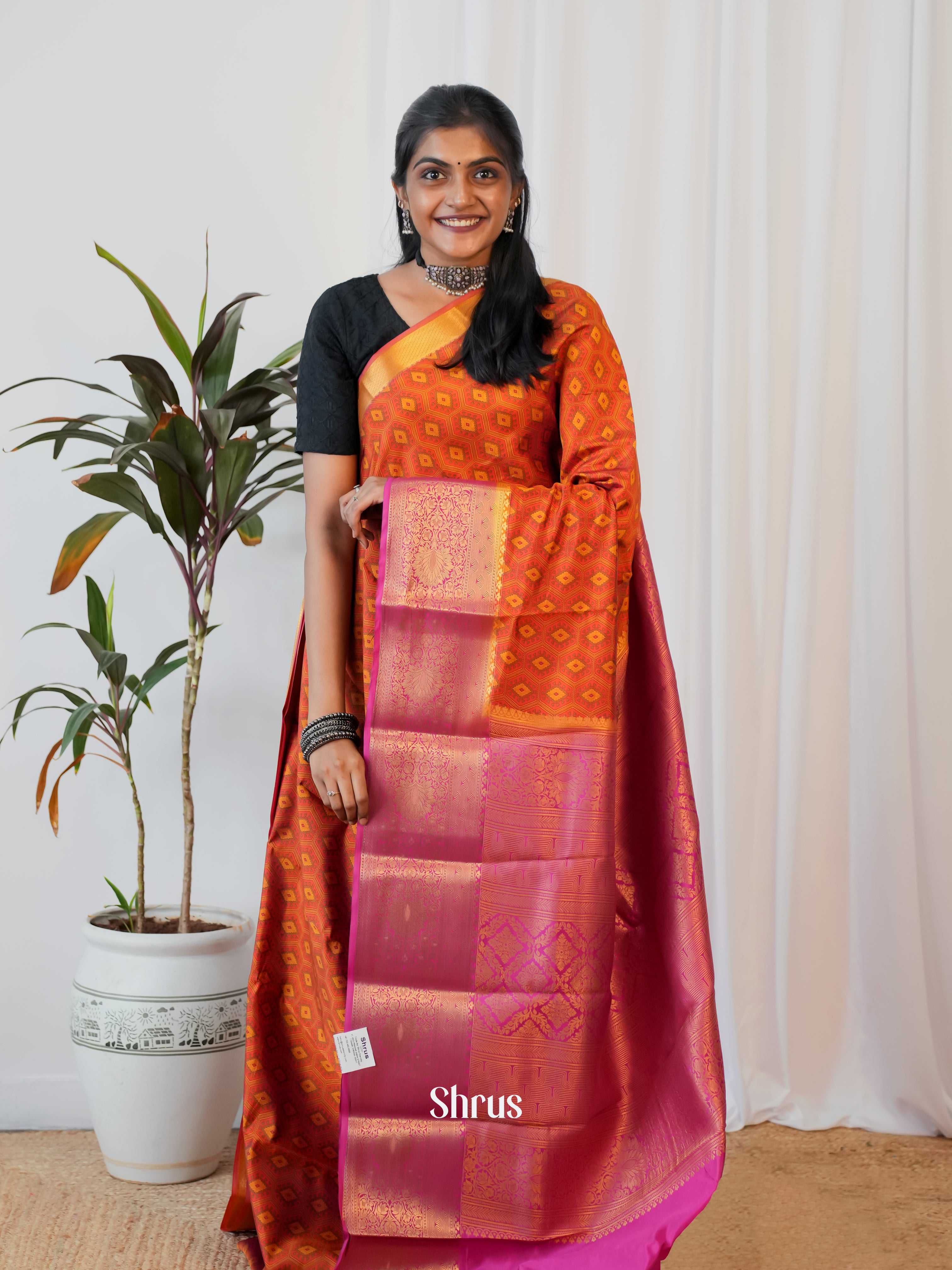 Orange & Pink - Printed Silk Saree - Shop on Shrus.com