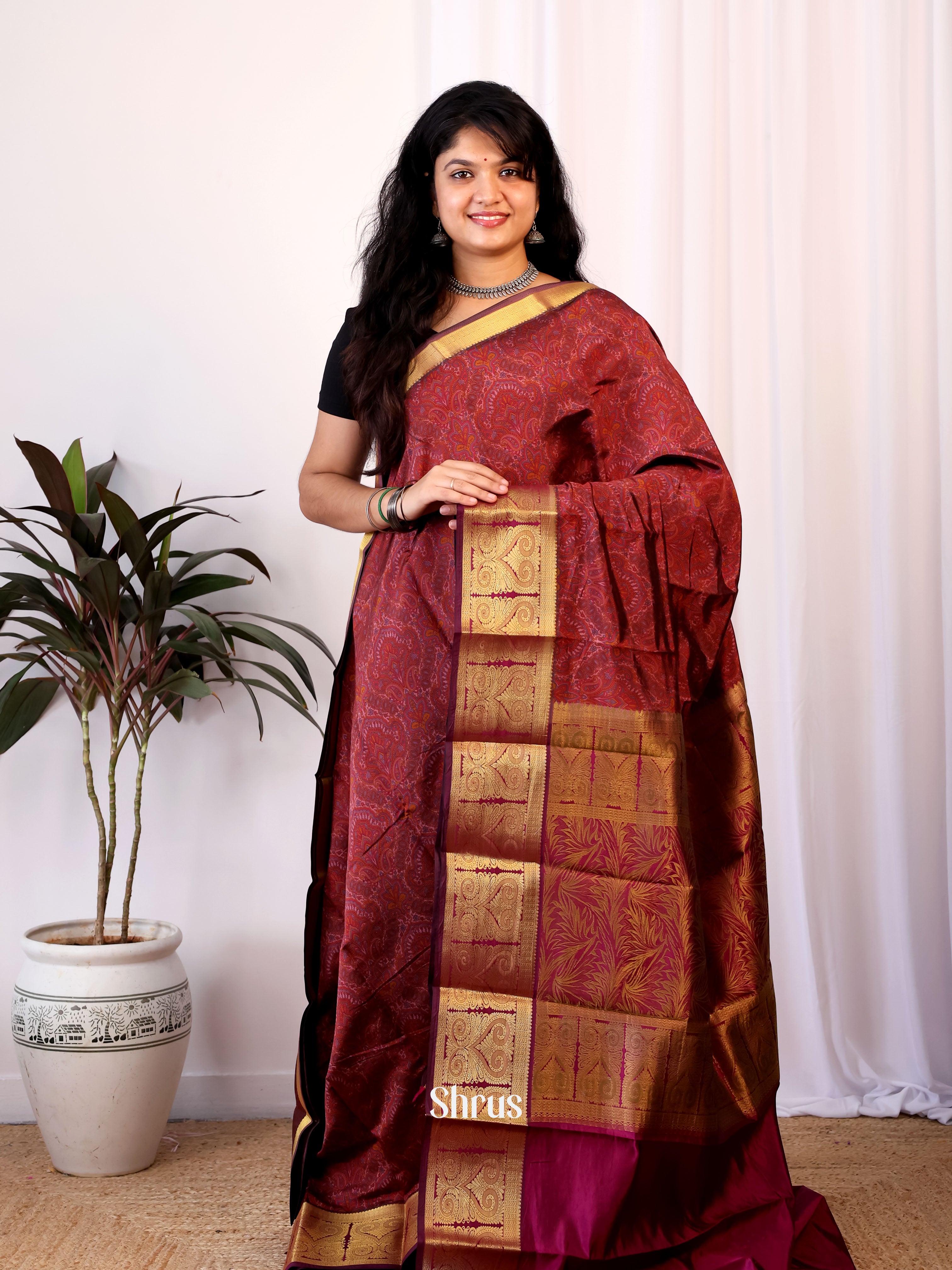 Maroon - Printed Silk Saree - Shop on Shrus.com