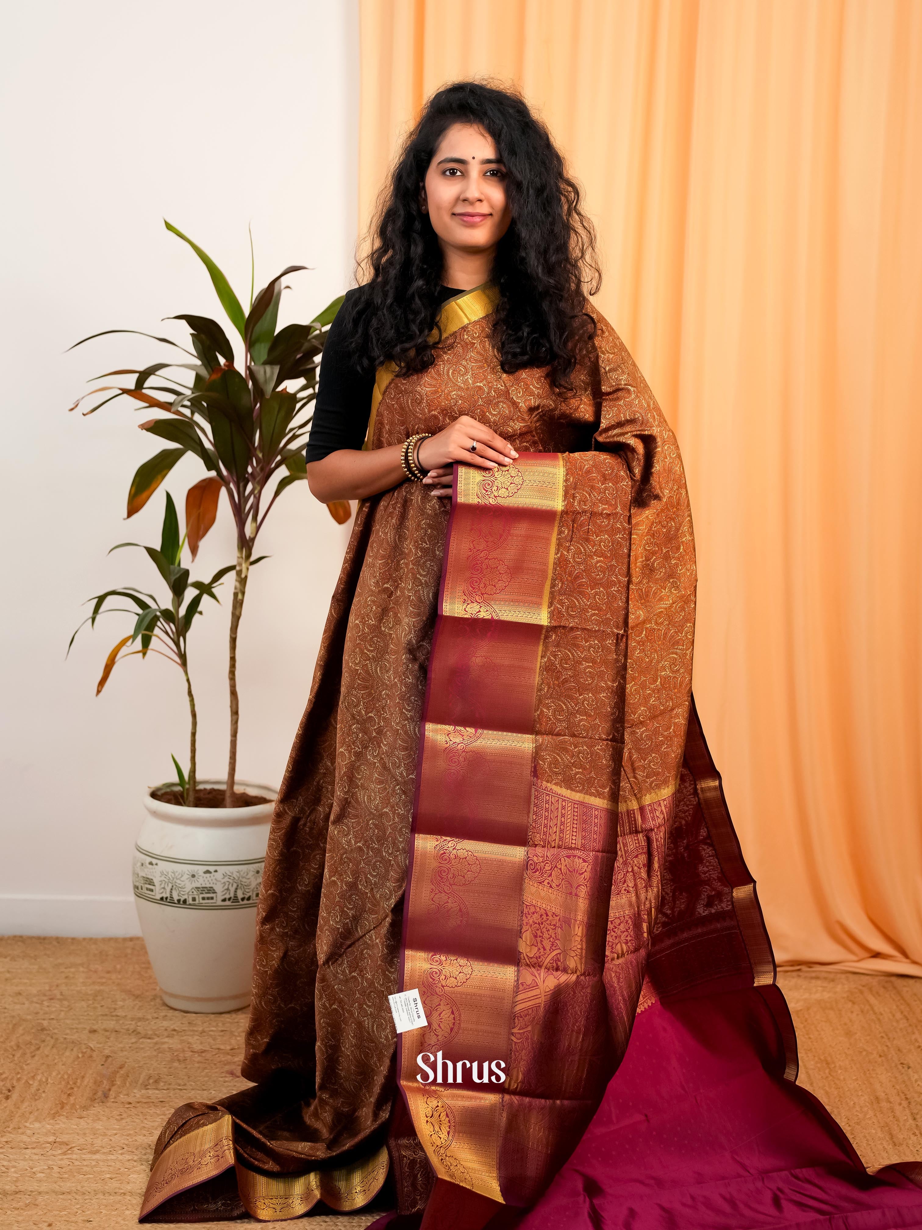 Brown & Maroon - Printed Silk Saree - Shop on Shrus.com