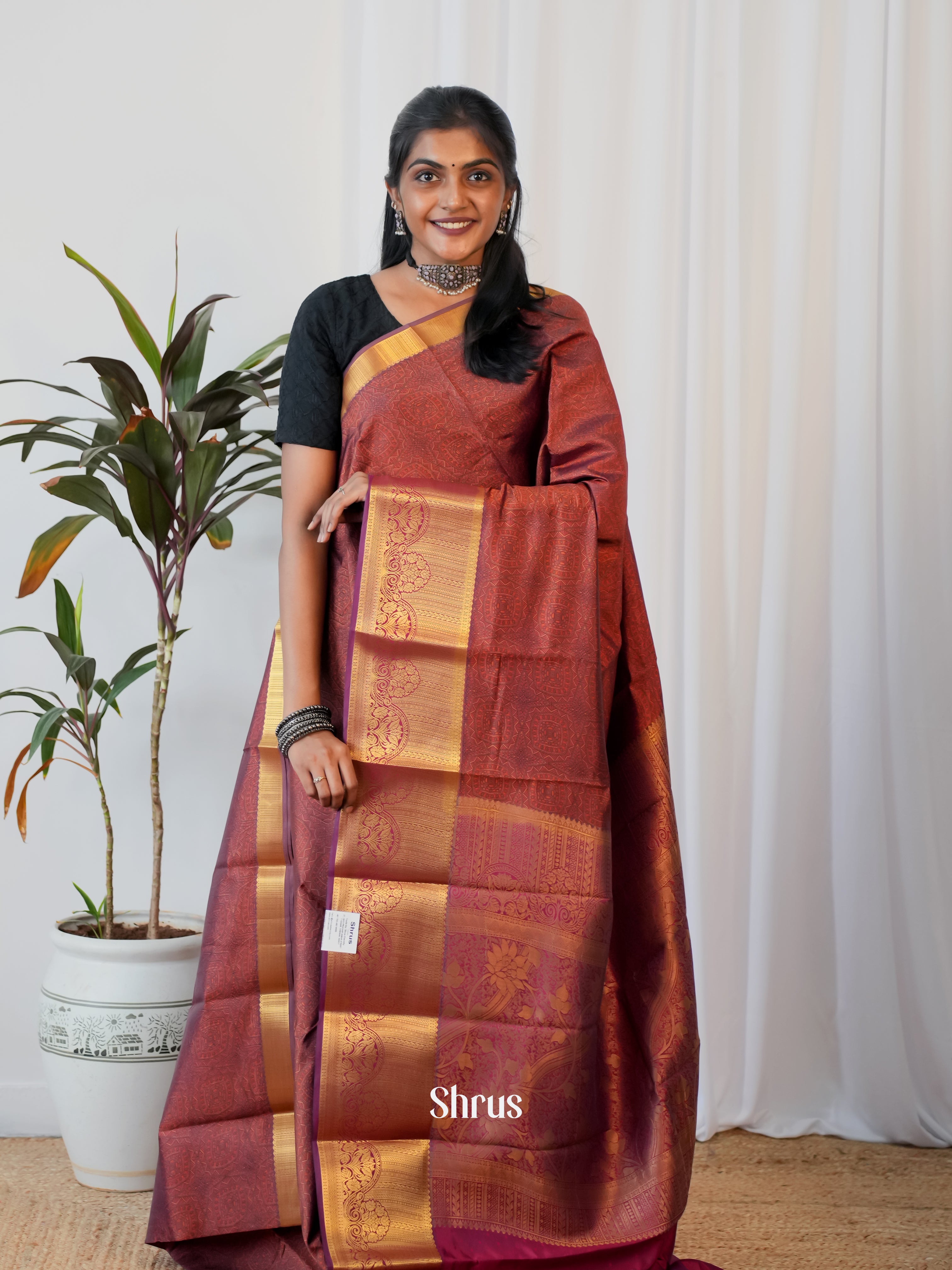 Maroon - Printed Silk Saree - Shop on Shrus.com