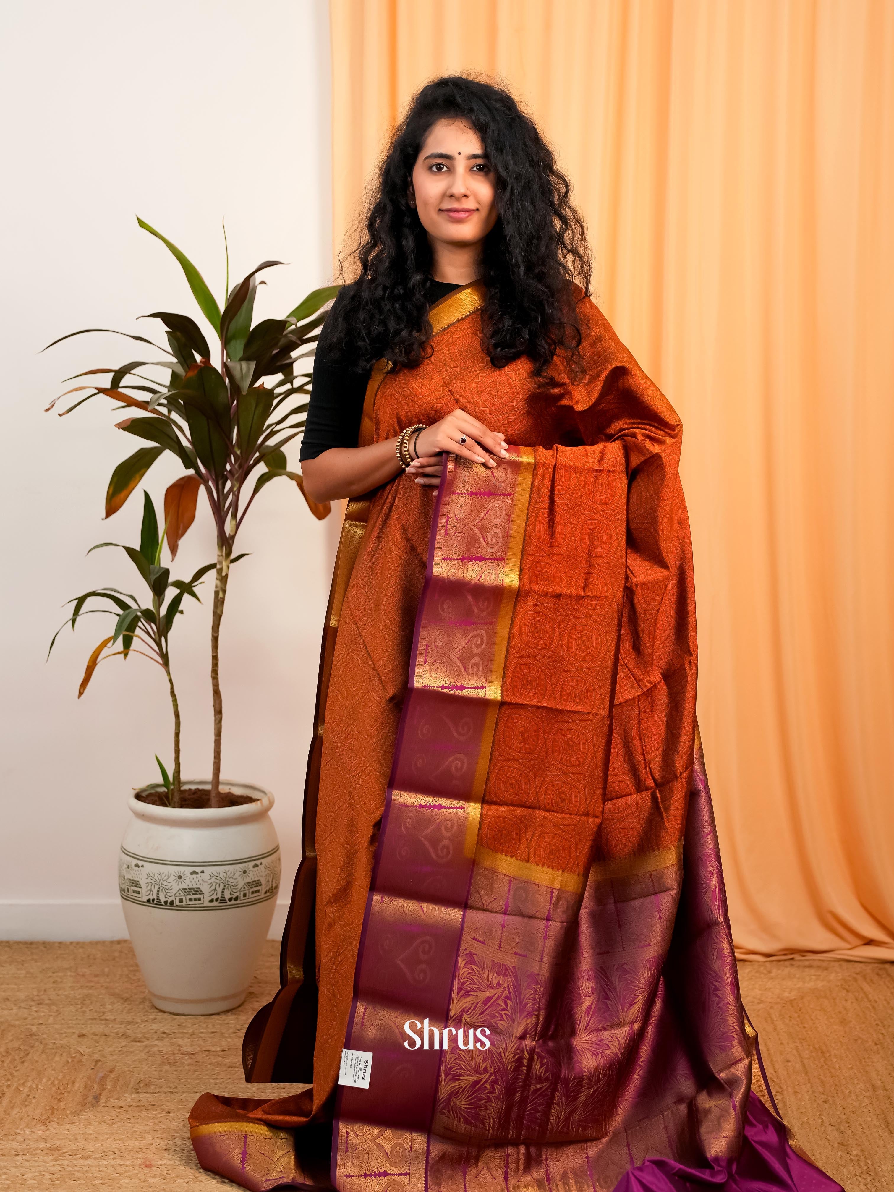 Orange & Purple - Printed Silk Saree - Shop on Shrus.com