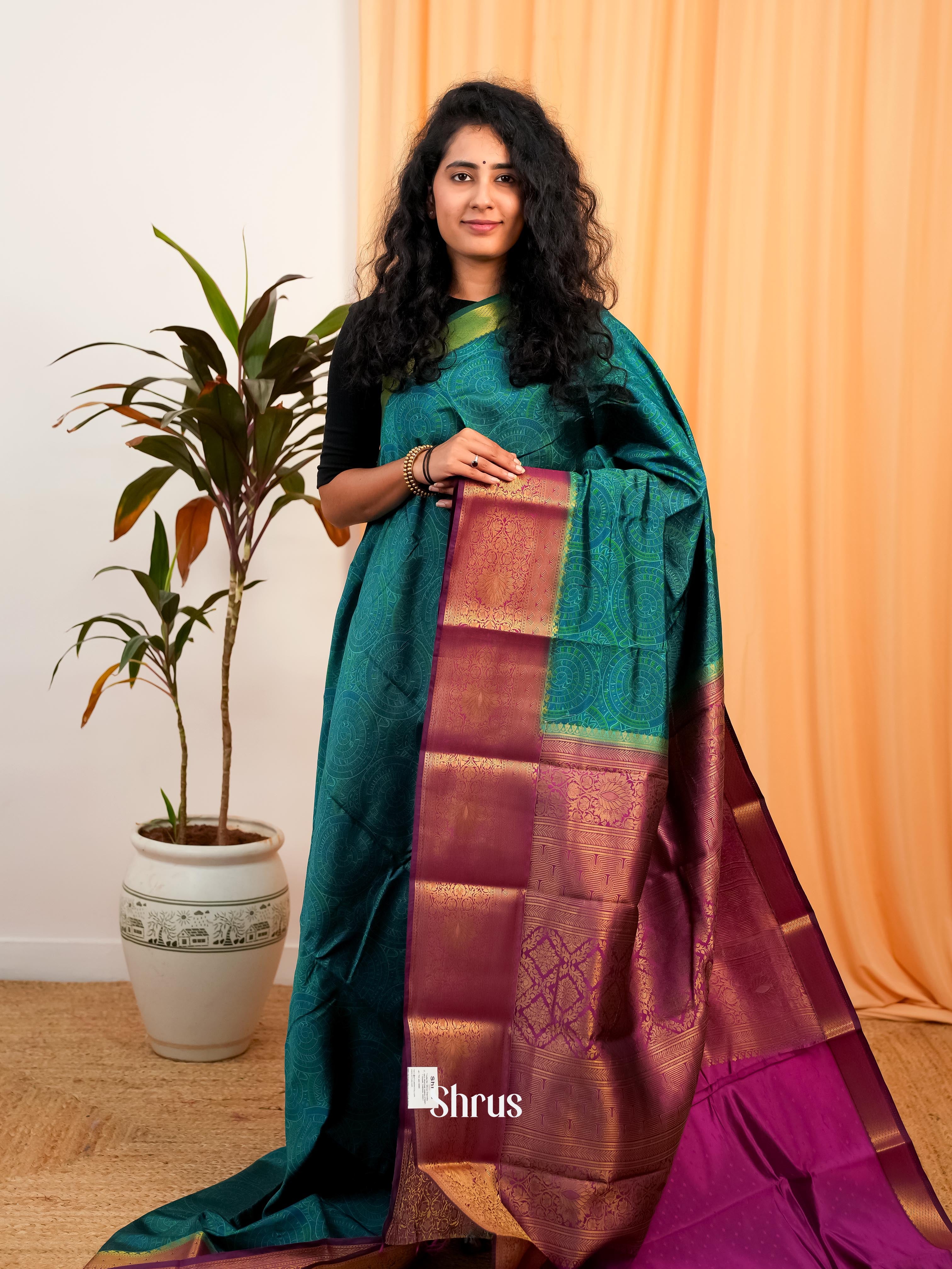 Green & Purple- Printed Silk Saree - Shop on Shrus.com