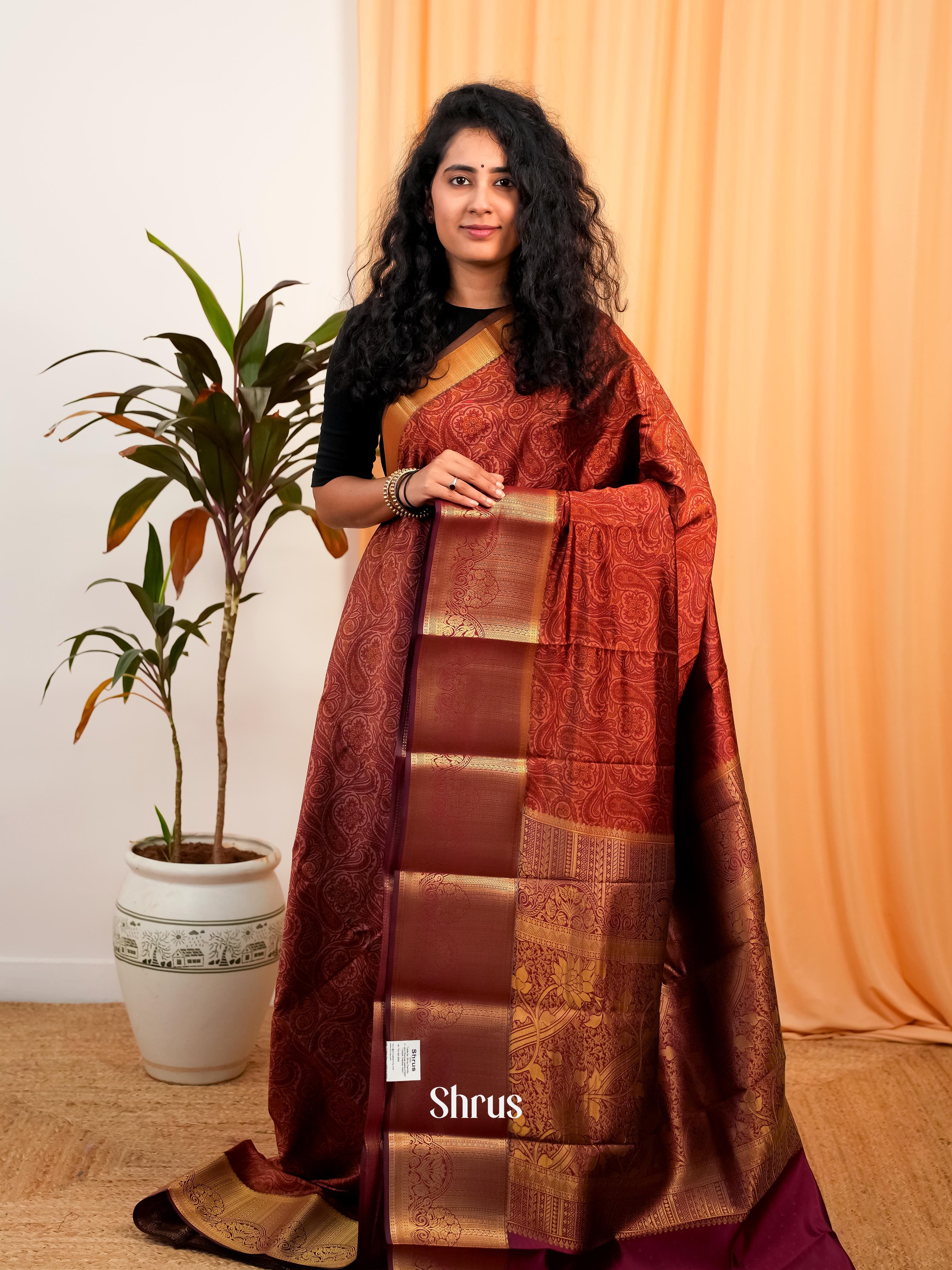 Brown & Maroon- Printed Silk Saree - Shop on Shrus.com