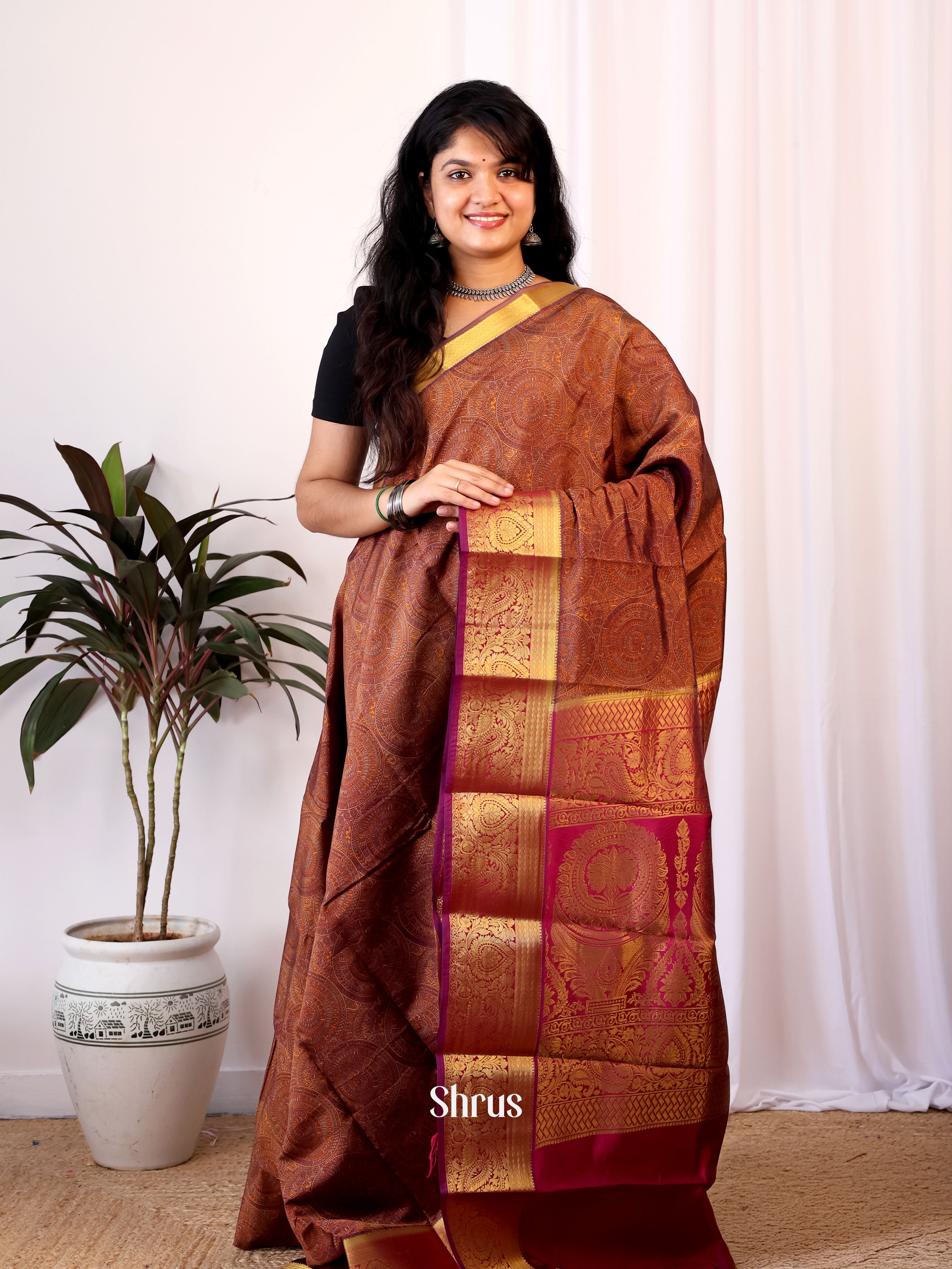 Brown & Maroon- Printed Silk Saree - Shop on Shrus.com