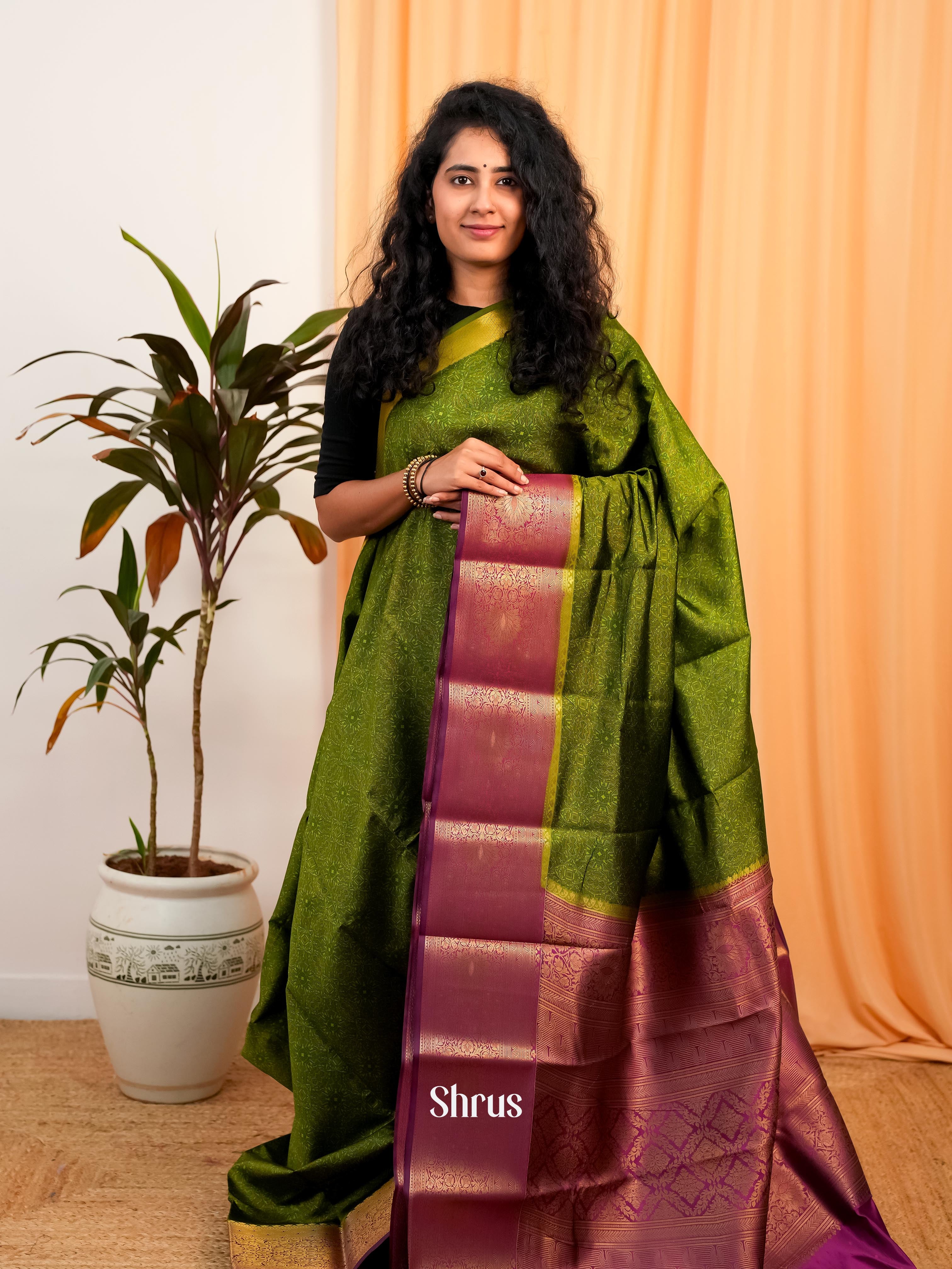 Green & Purple- Printed Silk Saree - Shop on Shrus.com