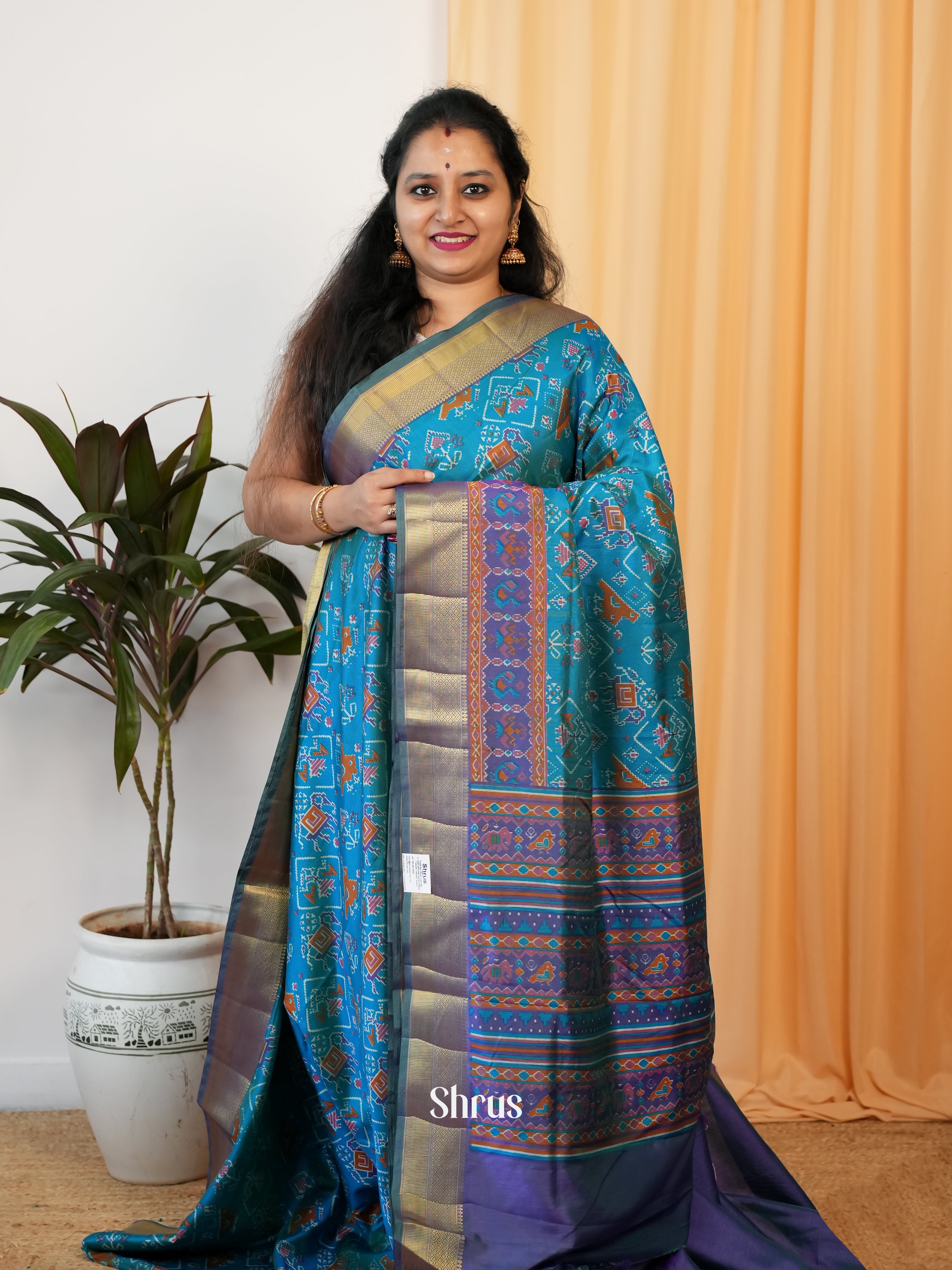 Teal Blue & Purple - Semi Patola Saree - Shop on Shrus.com