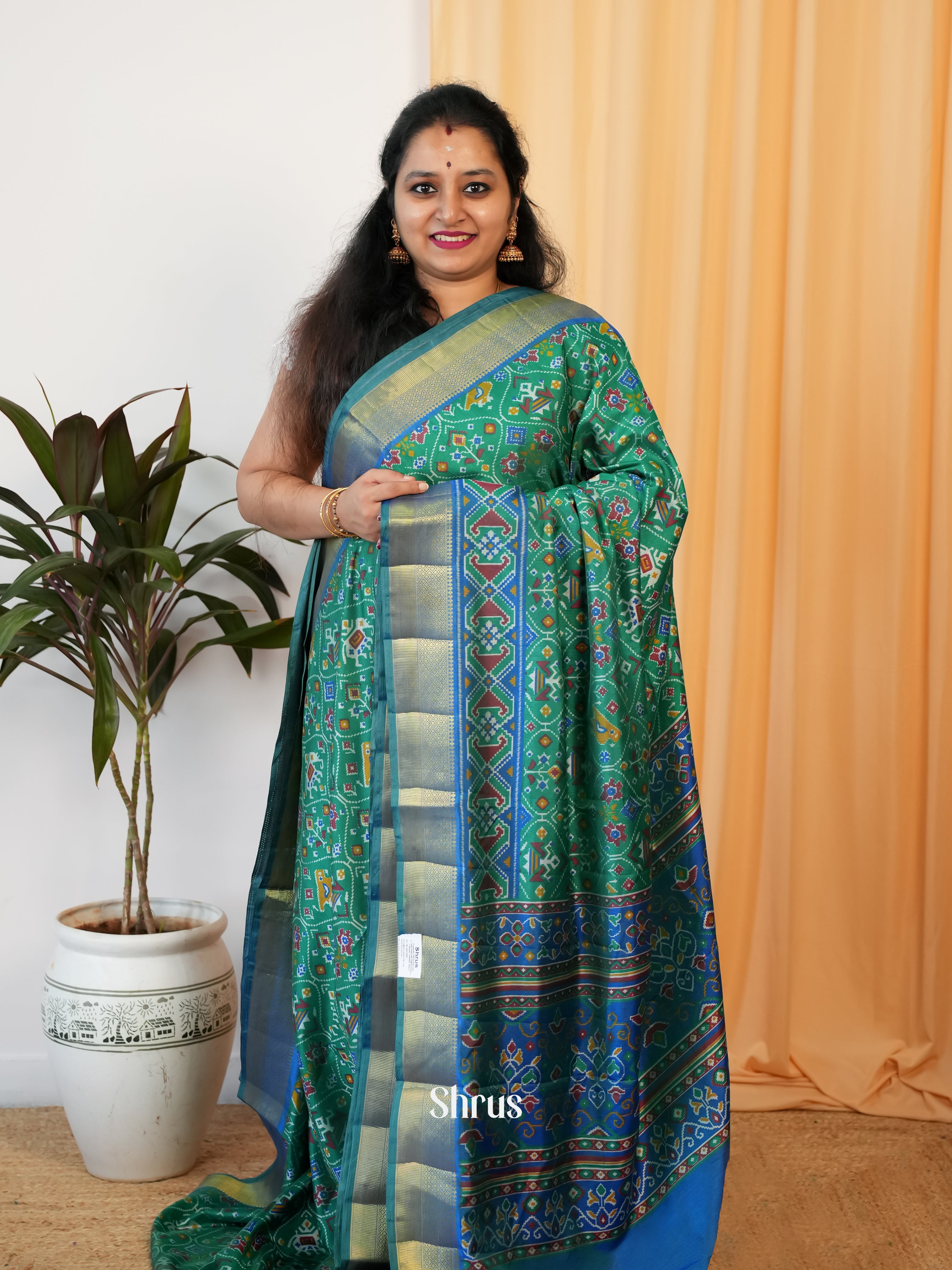 Green & Blue - Semi Patola Saree - Shop on Shrus.com