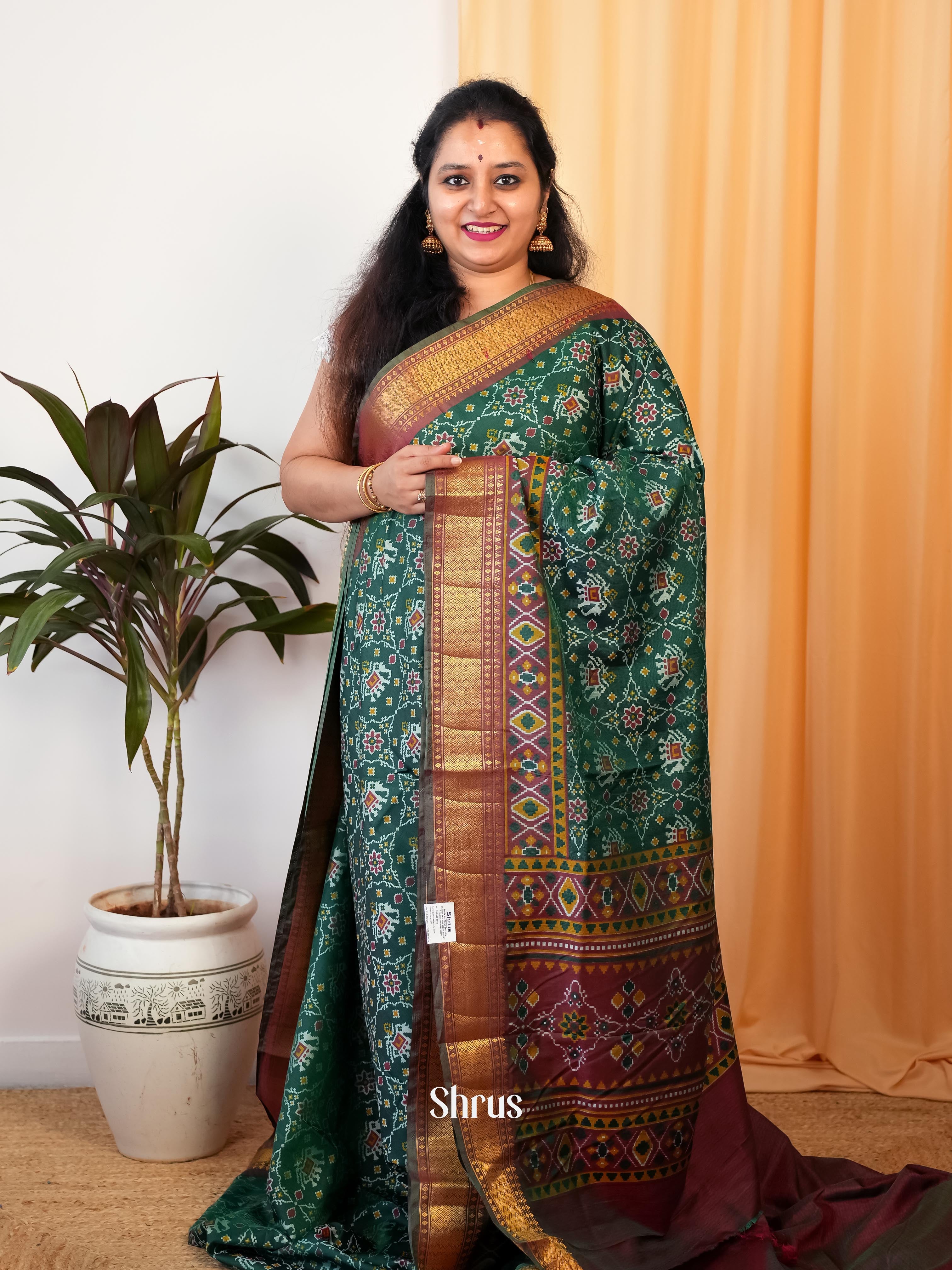Green & Brown - Semi Patola Saree - Shop on Shrus.com