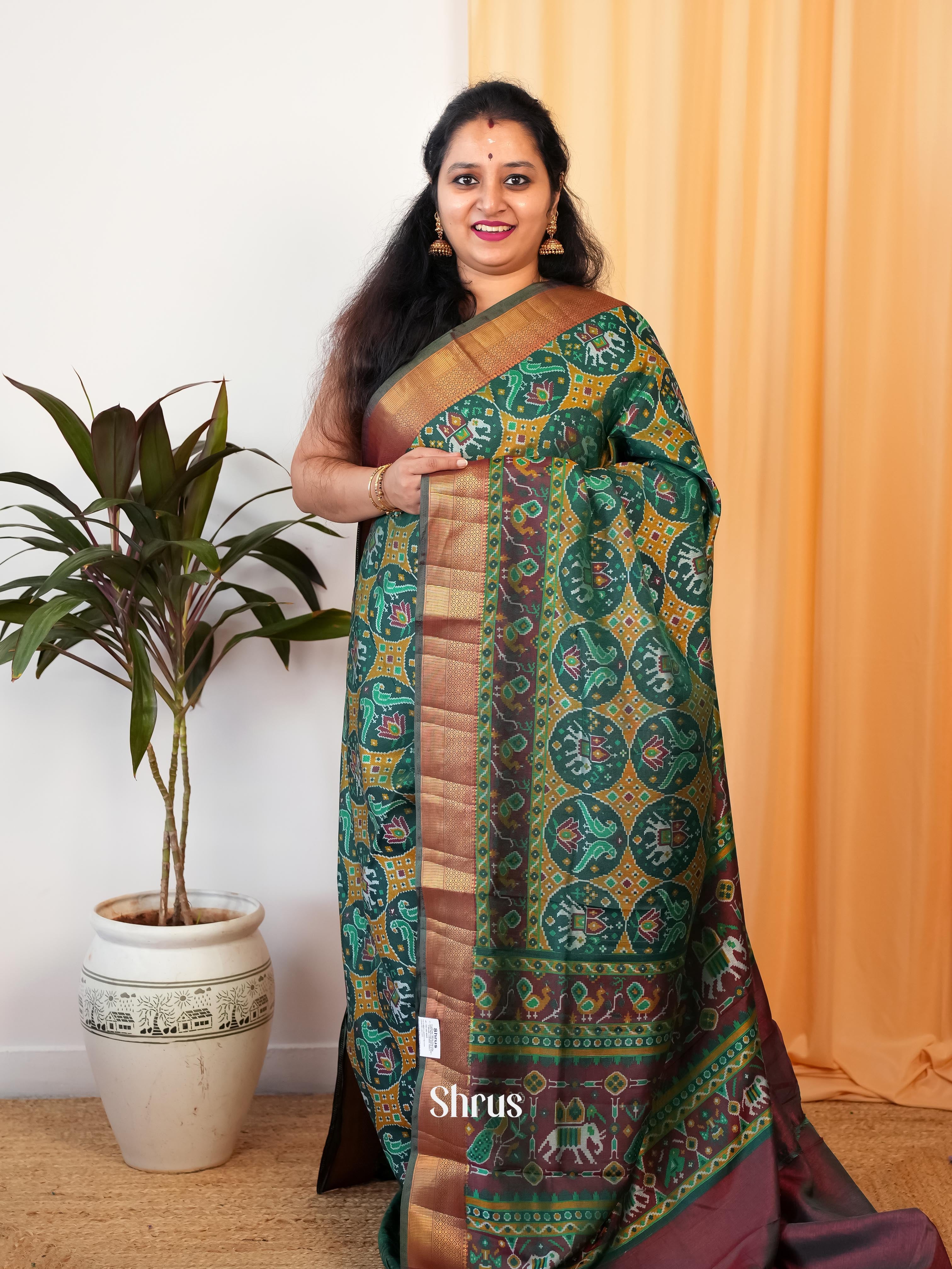Green & Brown - Semi Patola Saree - Shop on Shrus.com