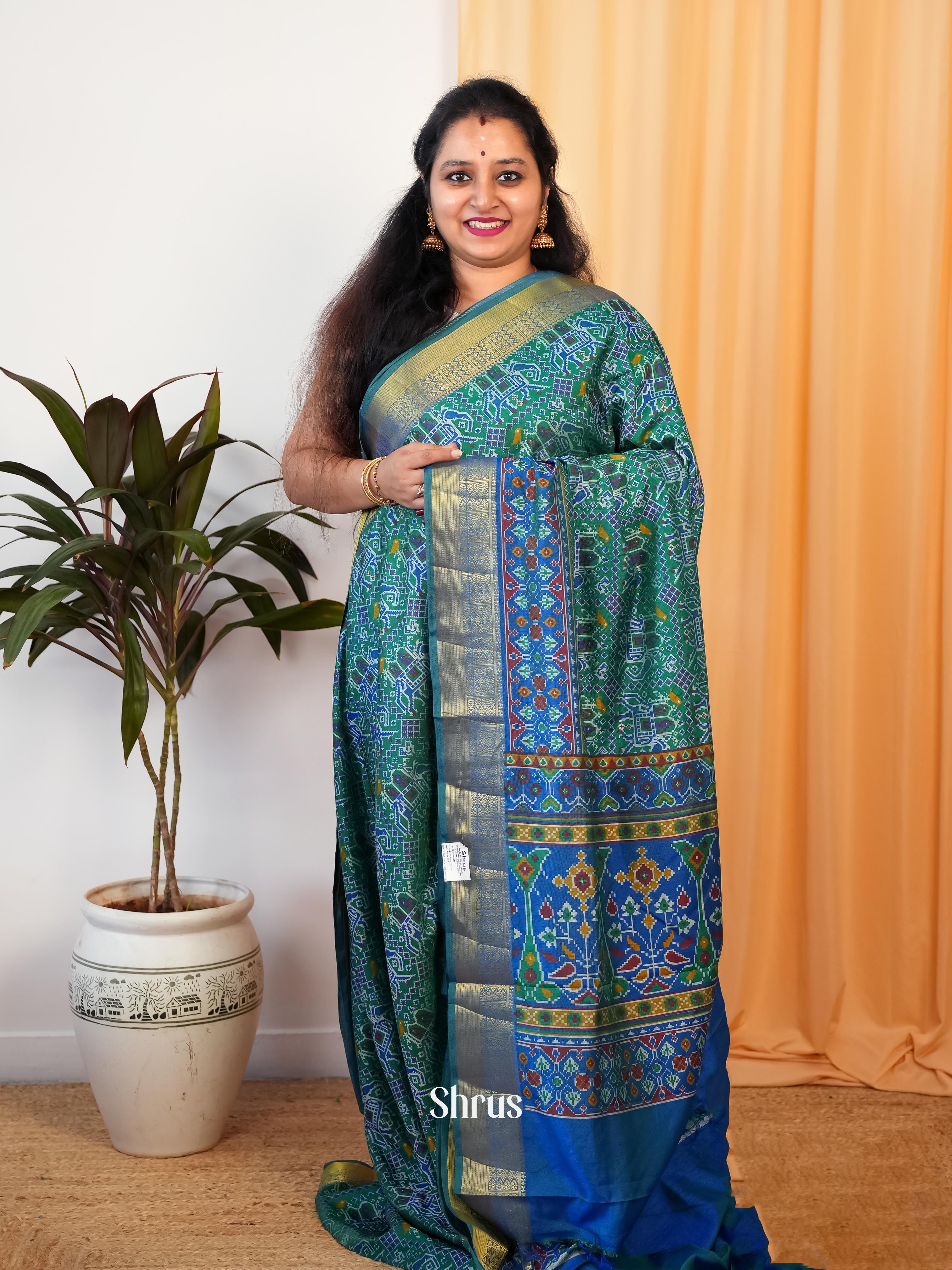 Green & Blue- Semi Patola Saree - Shop on Shrus.com