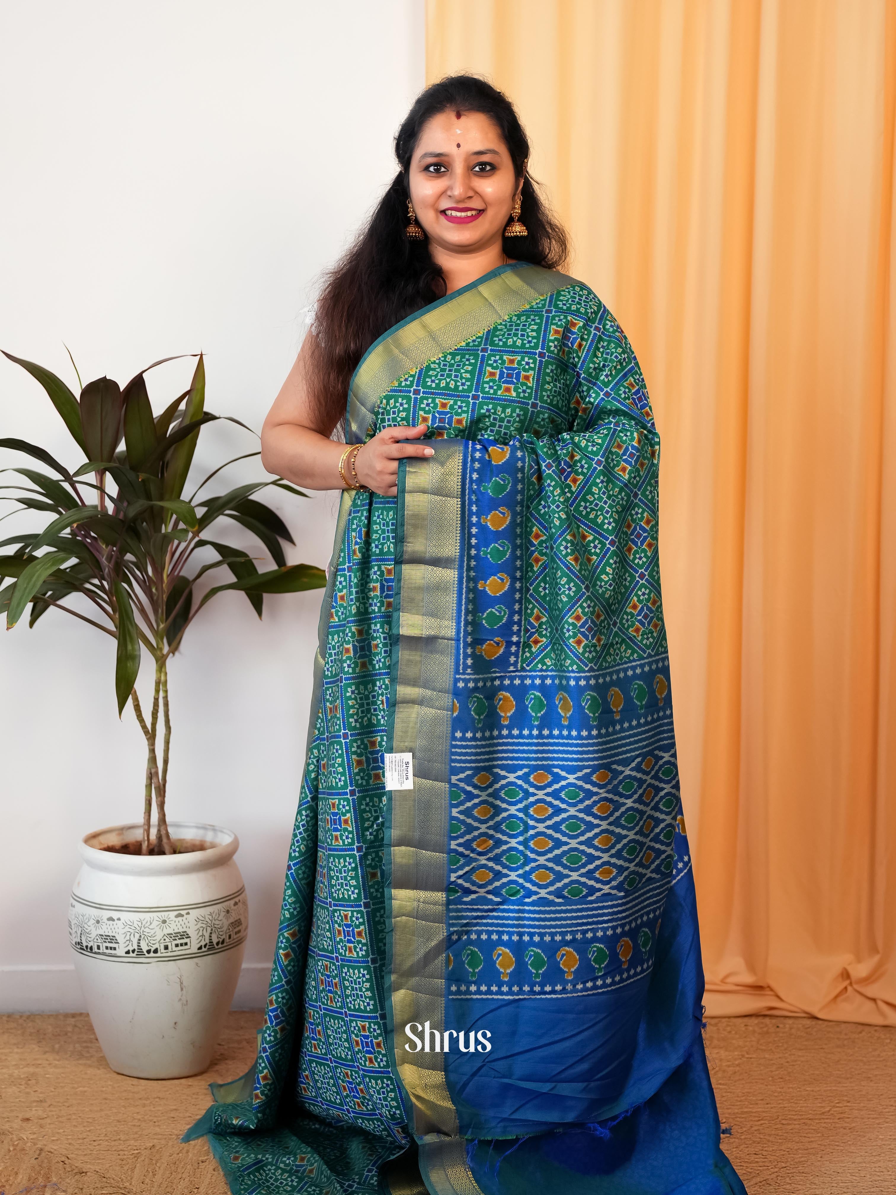 Green & Blue - Semi Patola Saree - Shop on Shrus.com