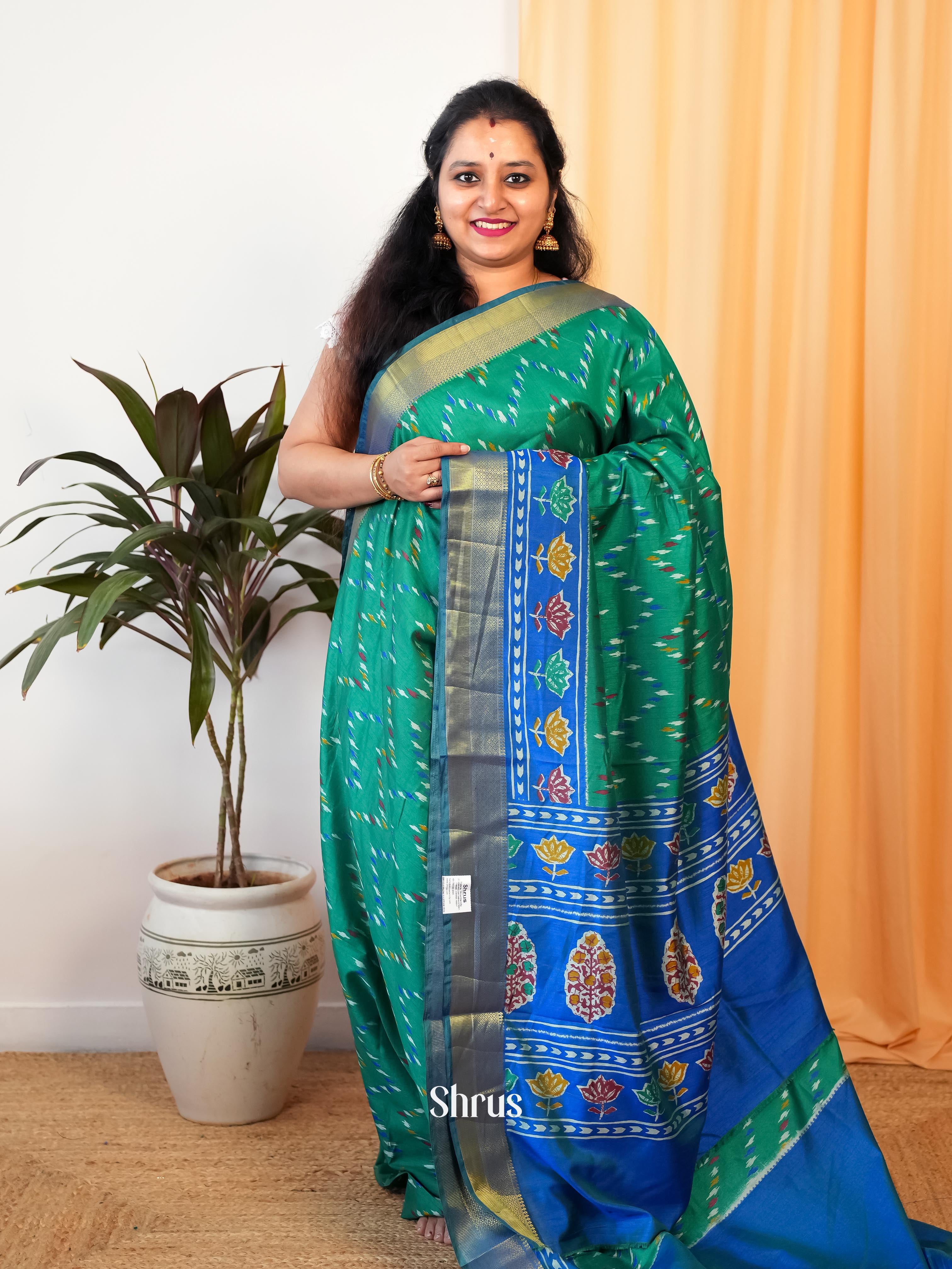 Green & Blue - Semi Patola Saree - Shop on Shrus.com