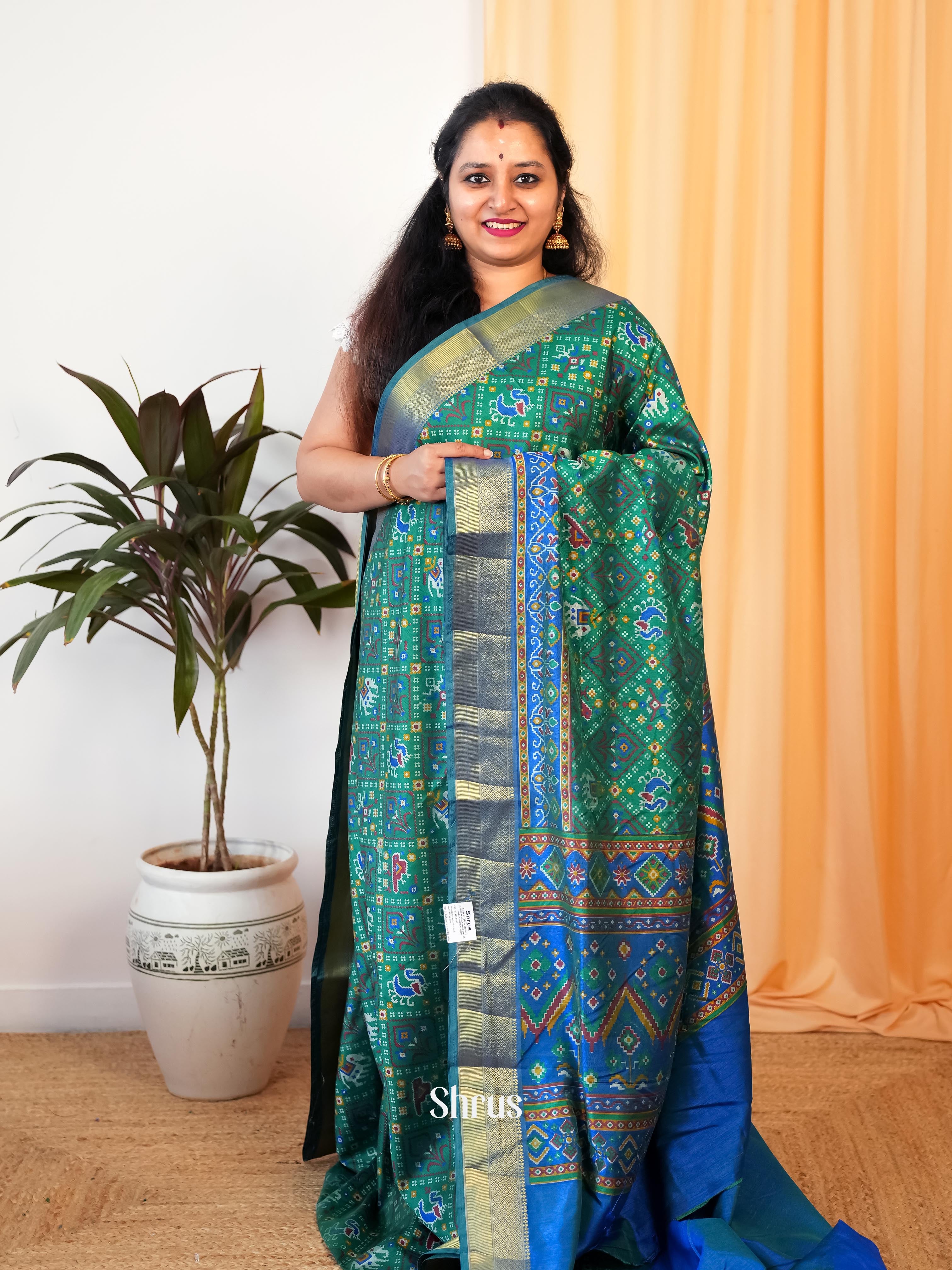 Green & Blue - Semi Patola Saree - Shop on Shrus.com