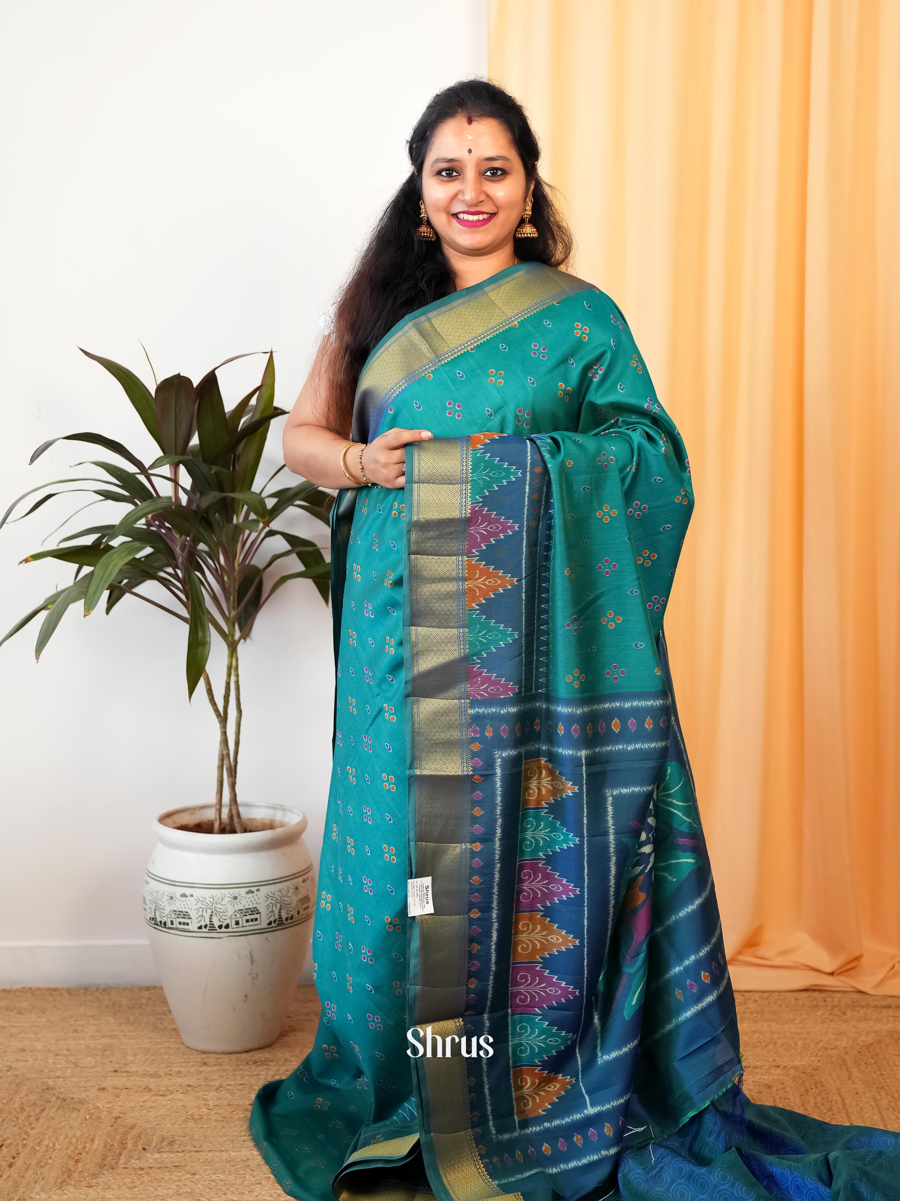 Teal & Blue - Semi Patola Saree - Shop on Shrus.com