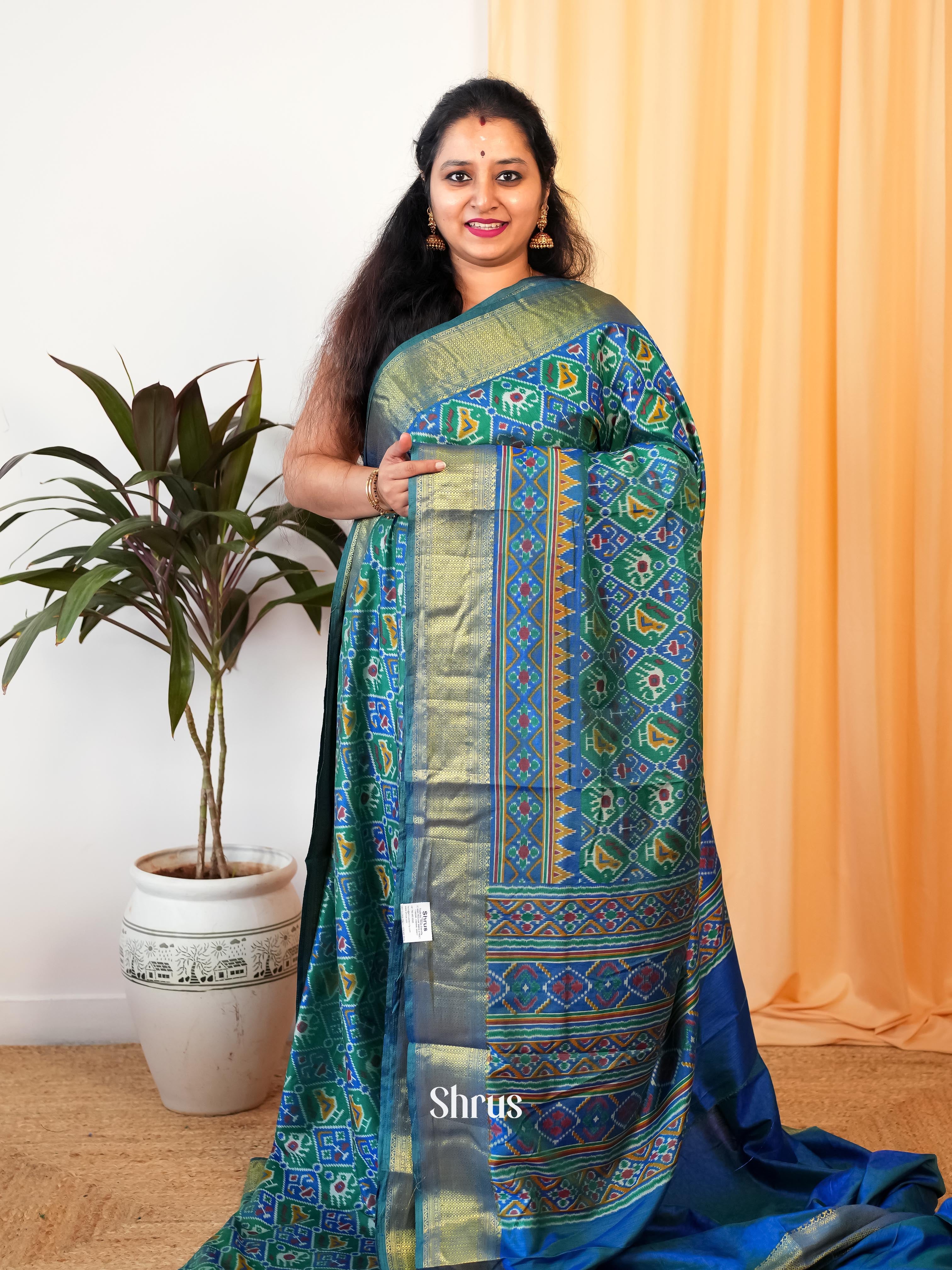 Green & Blue - Semi Patola Saree - Shop on Shrus.com