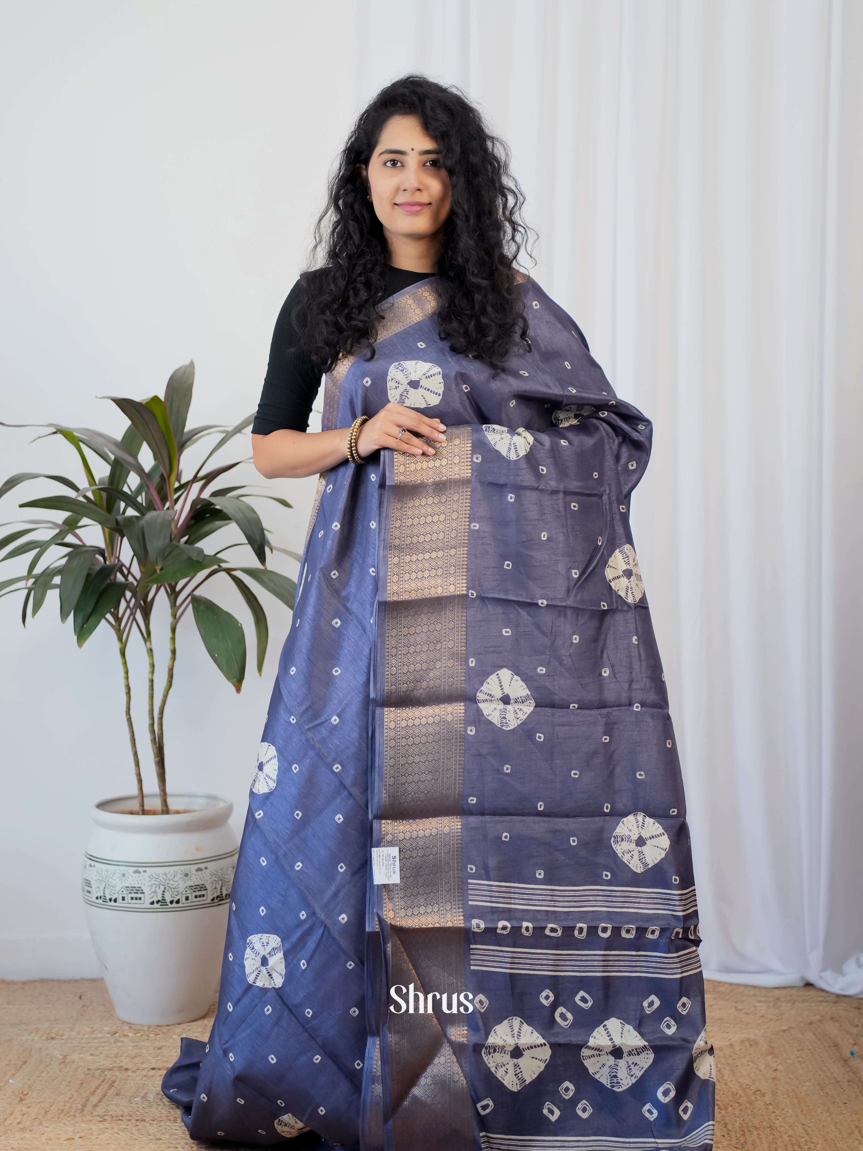blue - Semi Crepe Saree - Shop on Shrus.com