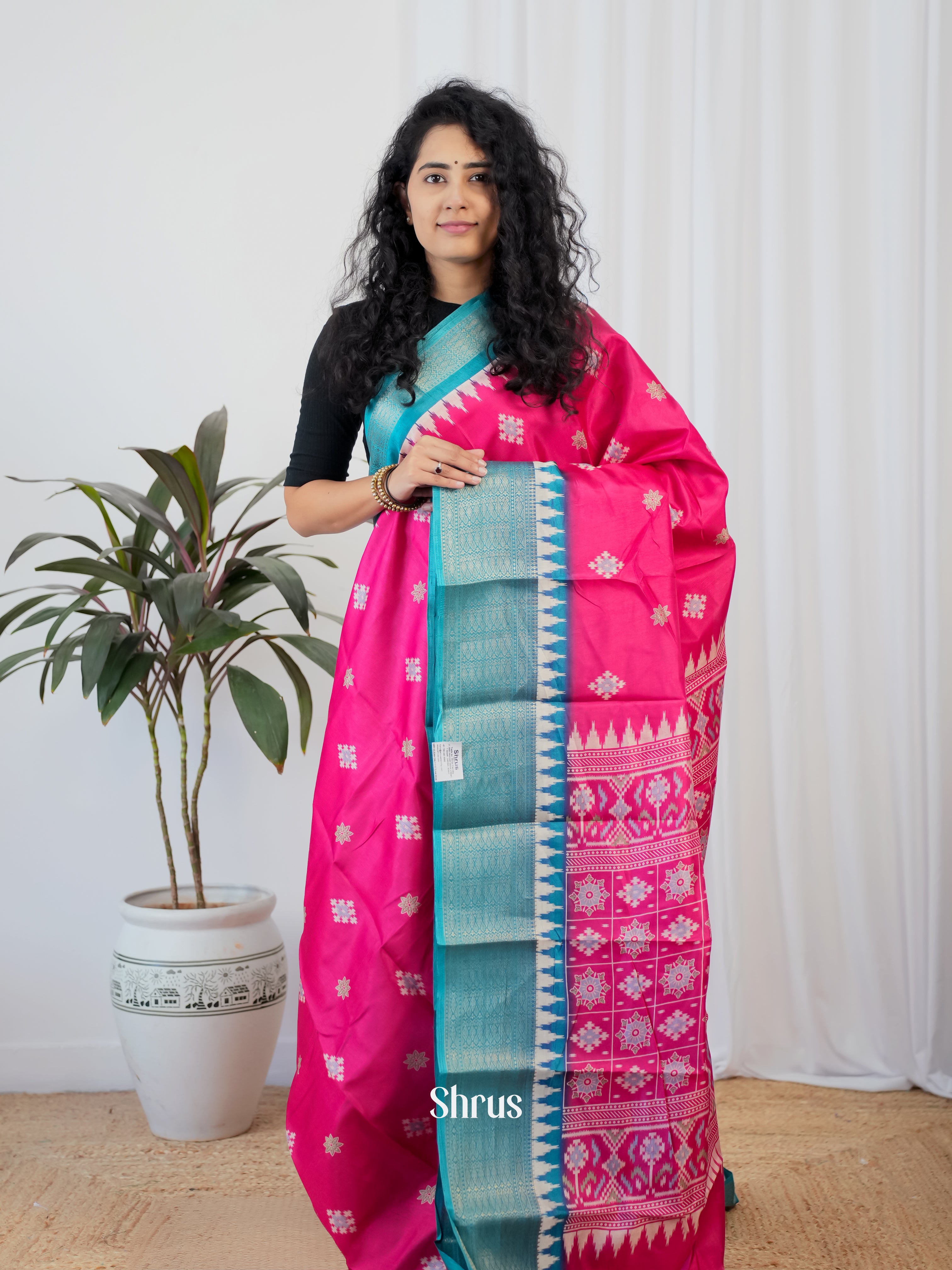Pink & Blue - Semi Crepe Saree - Shop on Shrus.com