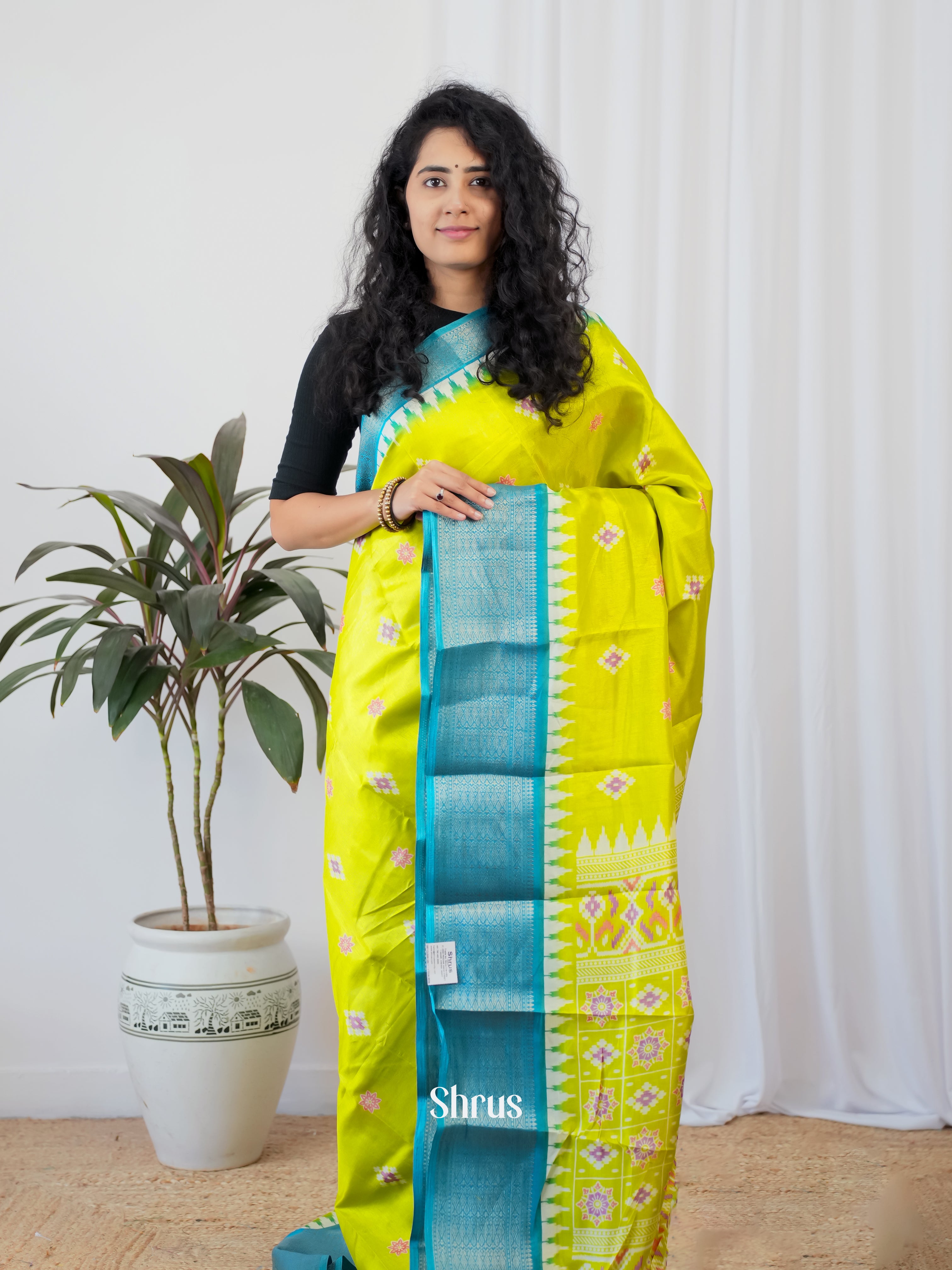 Lime green & Blue - Semi Crepe Saree - Shop on Shrus.com