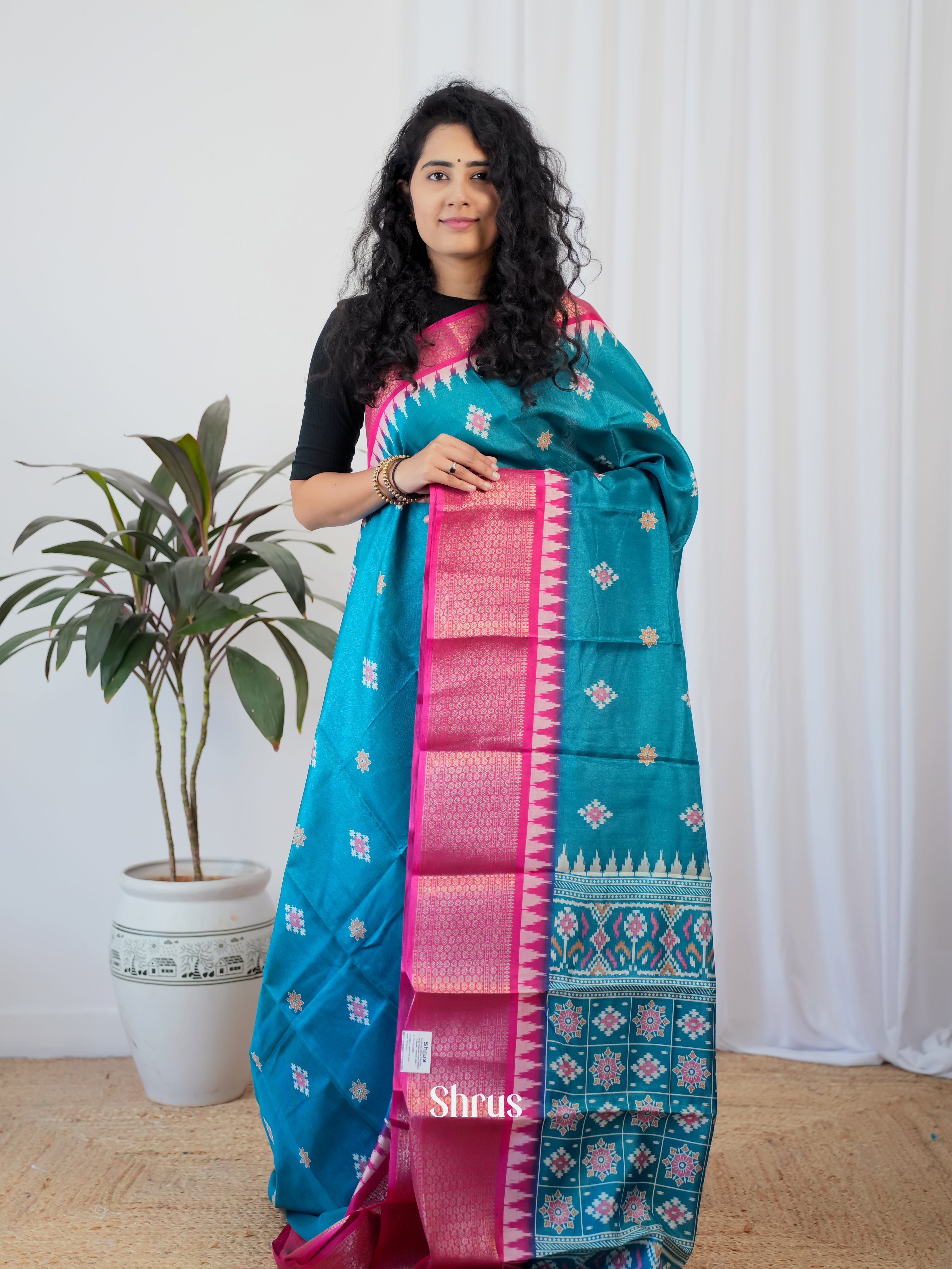 Blue & Pink - Semi Crepe Saree - Shop on Shrus.com