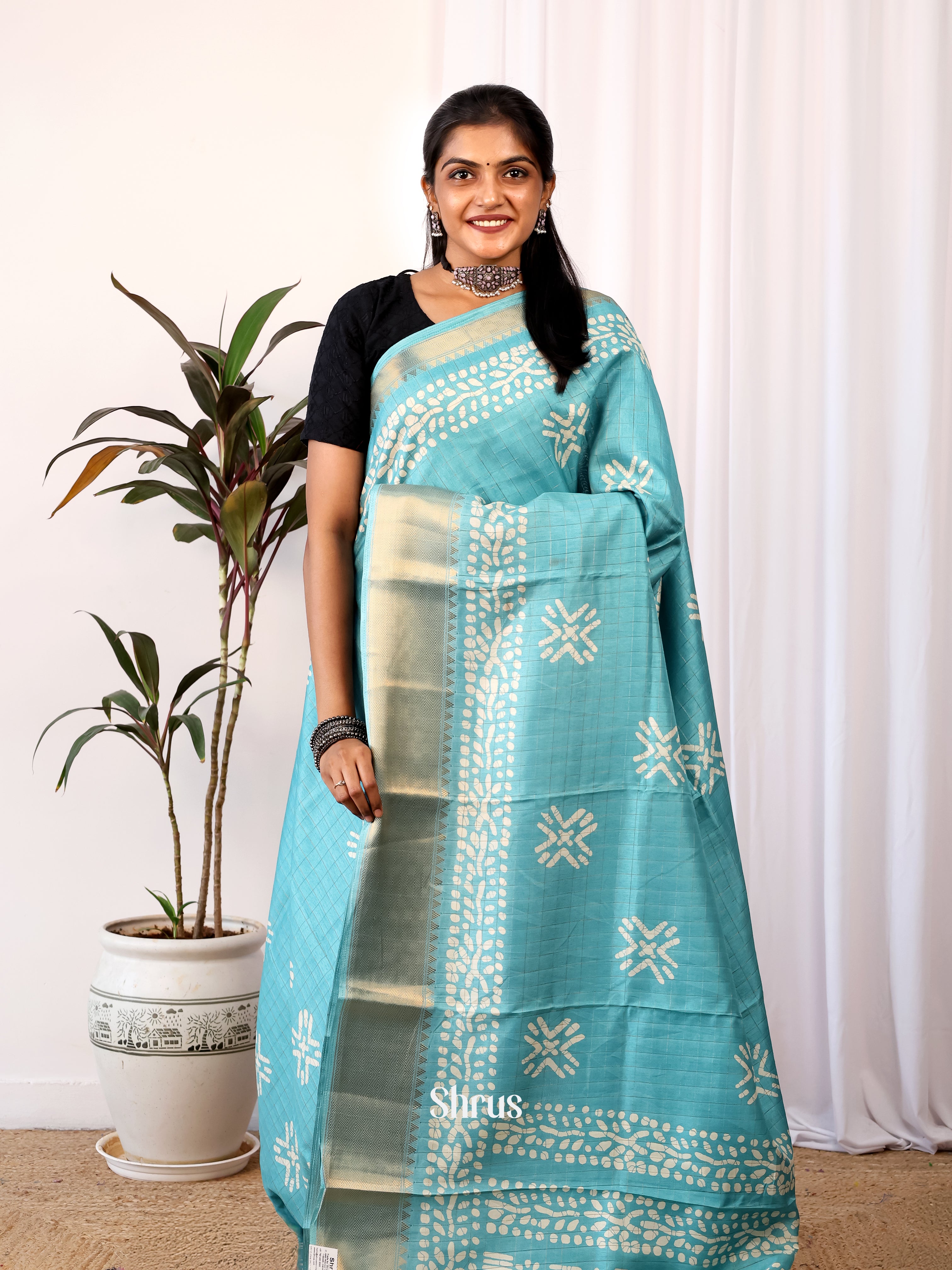 Teal - Semi Crepe Saree - Shop on Shrus.com