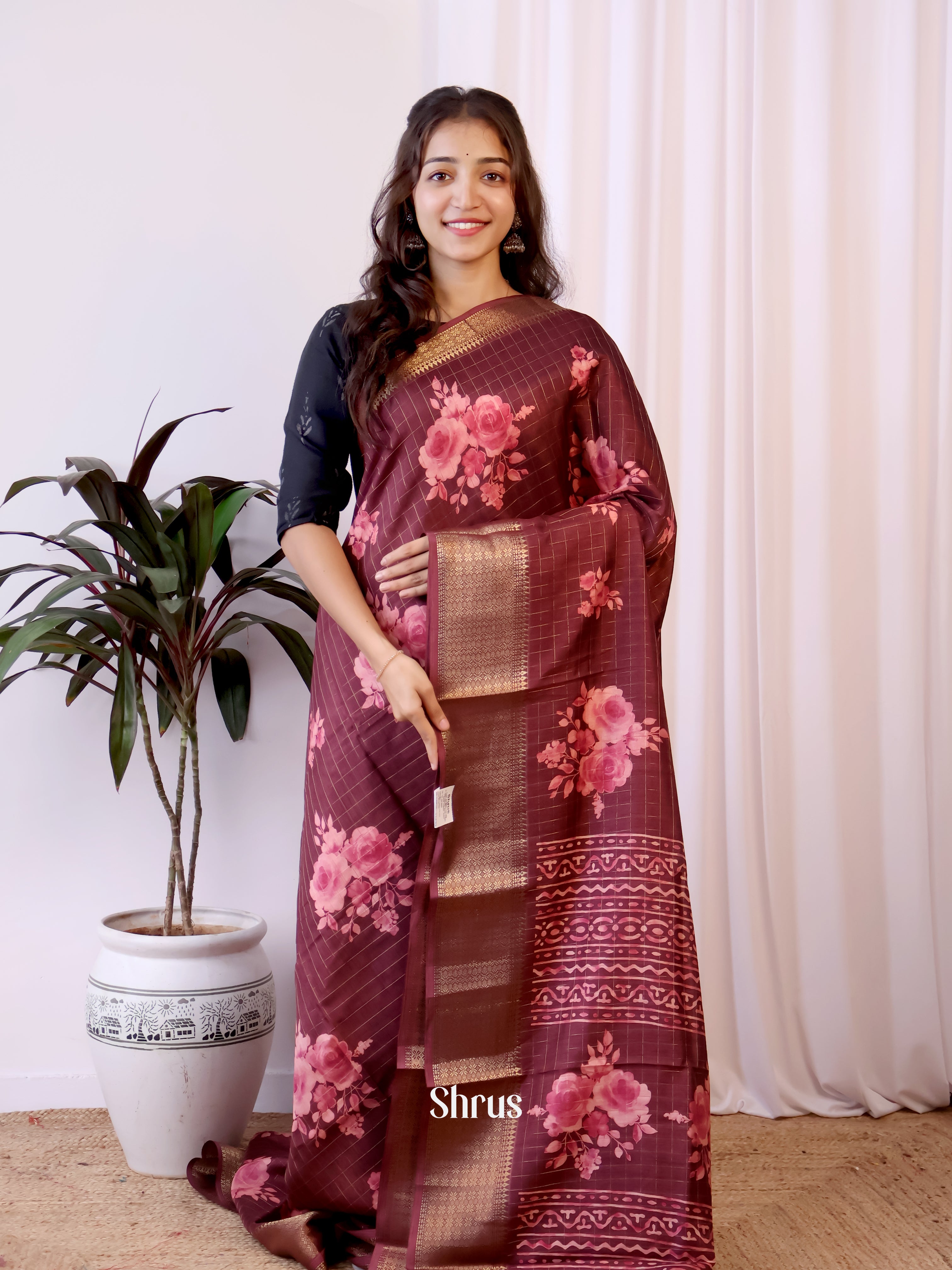 Maroon - Semi Crepe Saree - Shop on Shrus.com