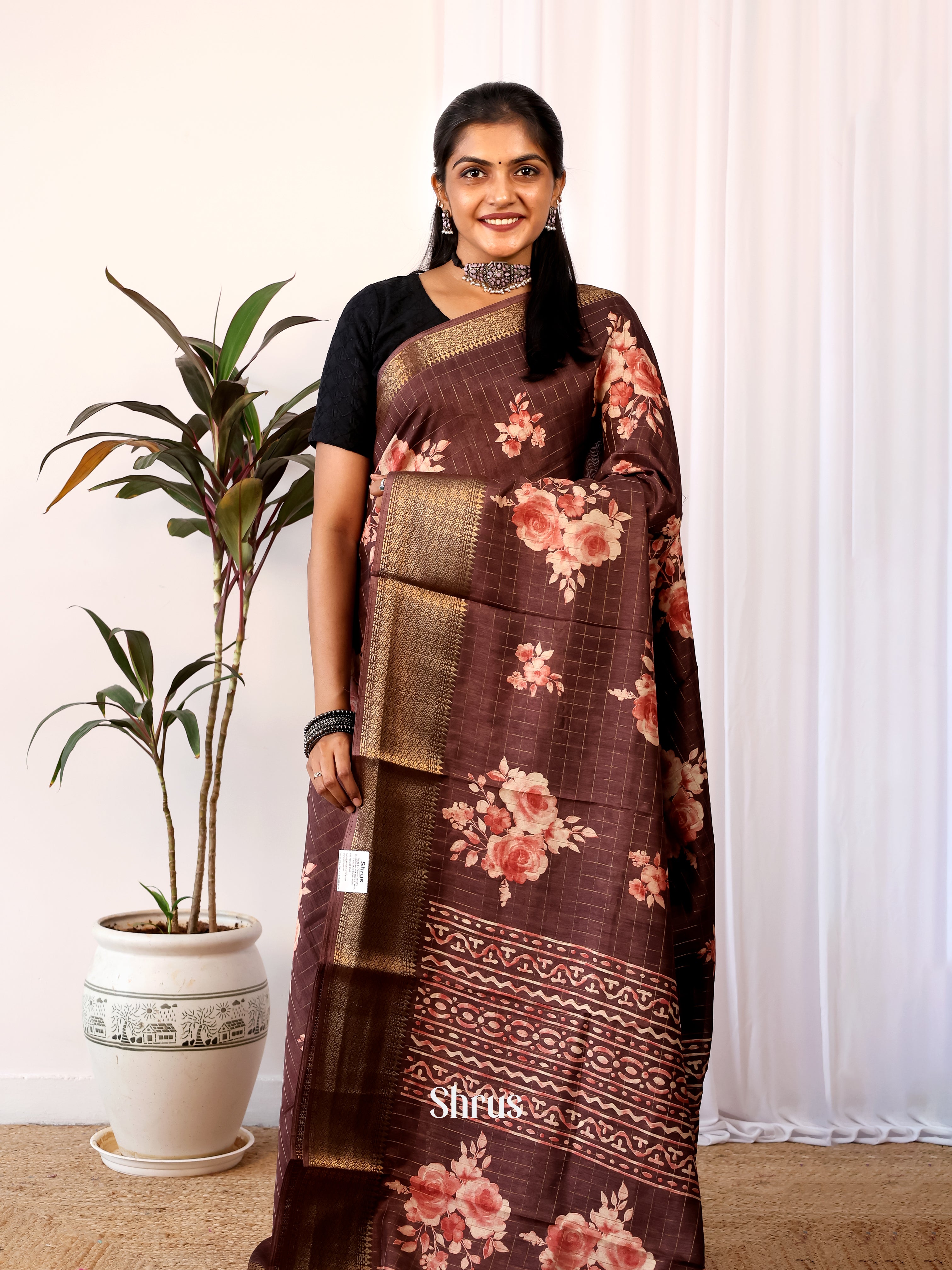 Brown - Semi Crepe Saree - Shop on Shrus.com