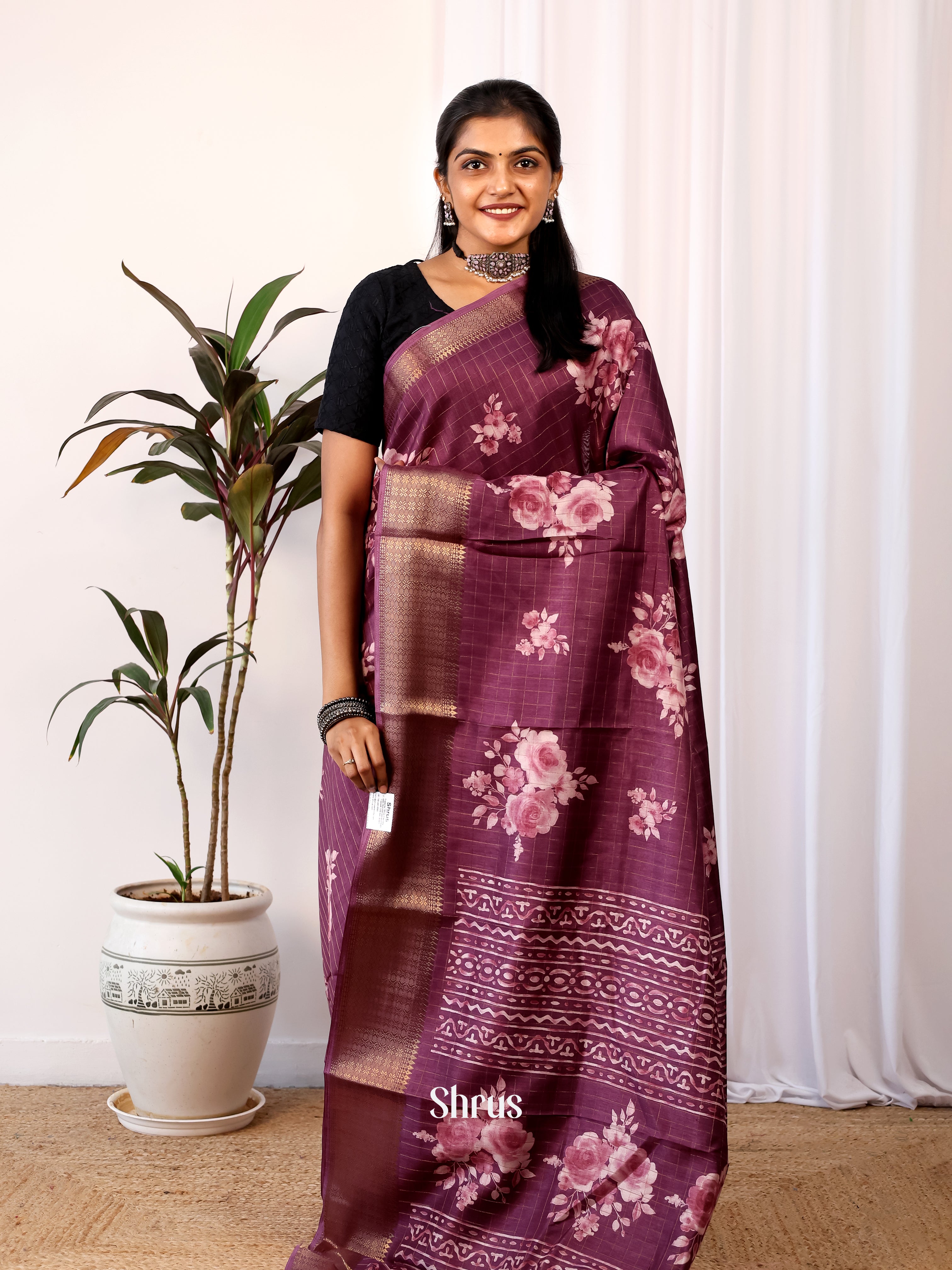 WIne - Semi Crepe Saree - Shop on Shrus.com