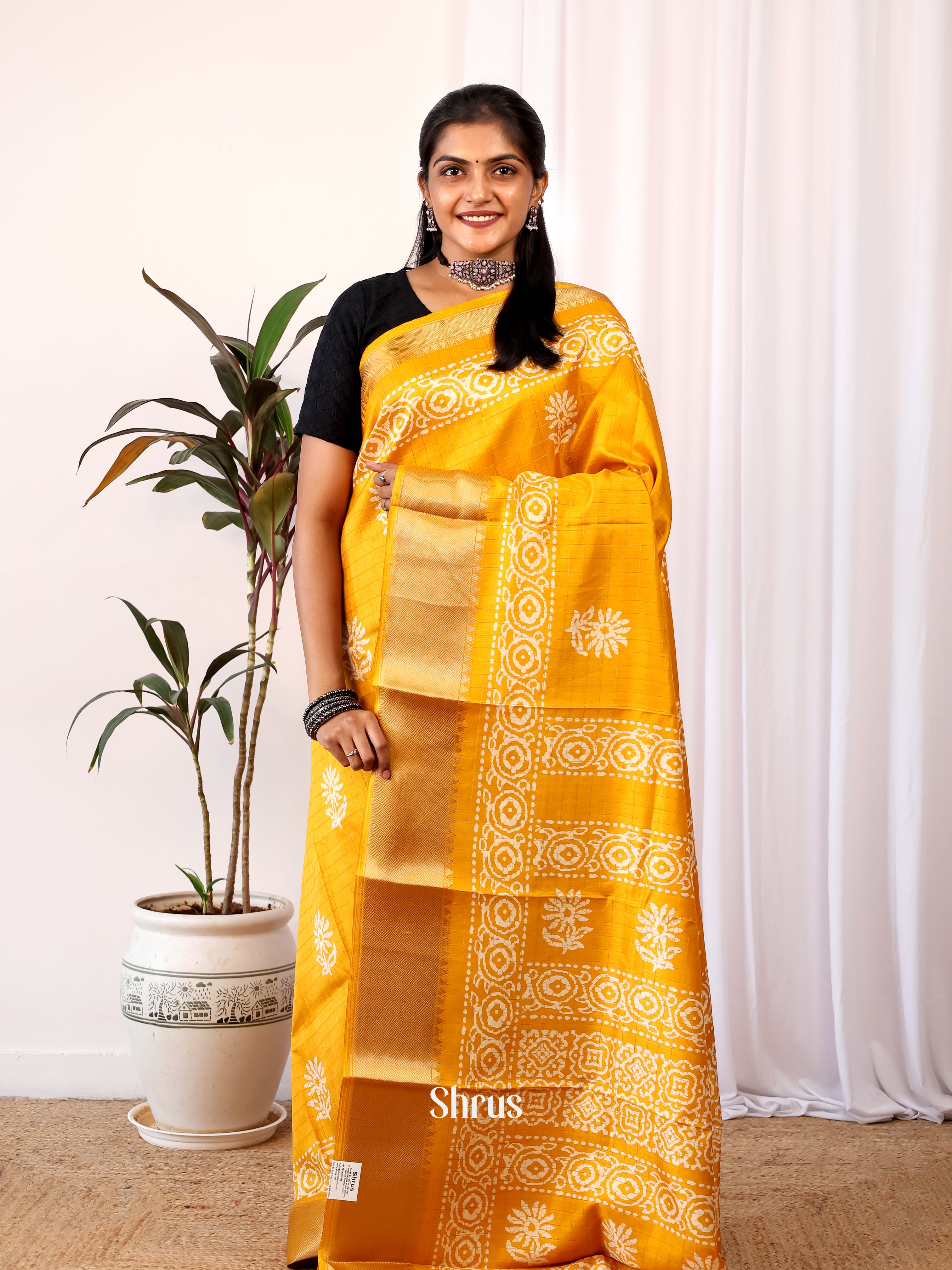 Yellow - Semi Crepe Saree - Shop on Shrus.com