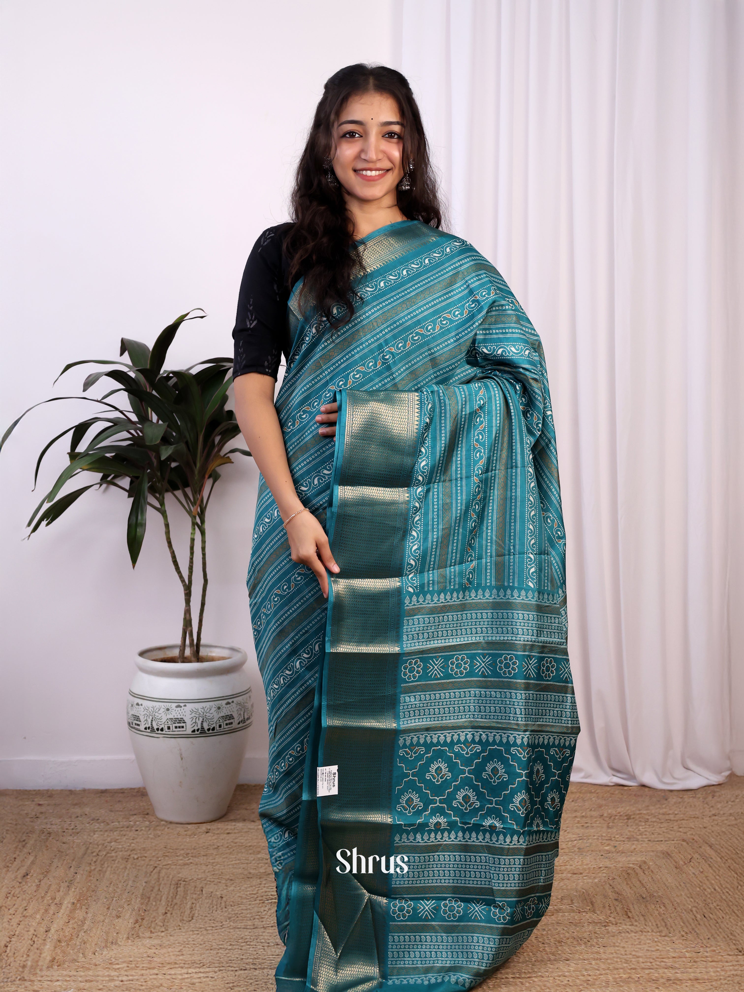 teal & Grey - Semi Crepe Saree - Shop on Shrus.com